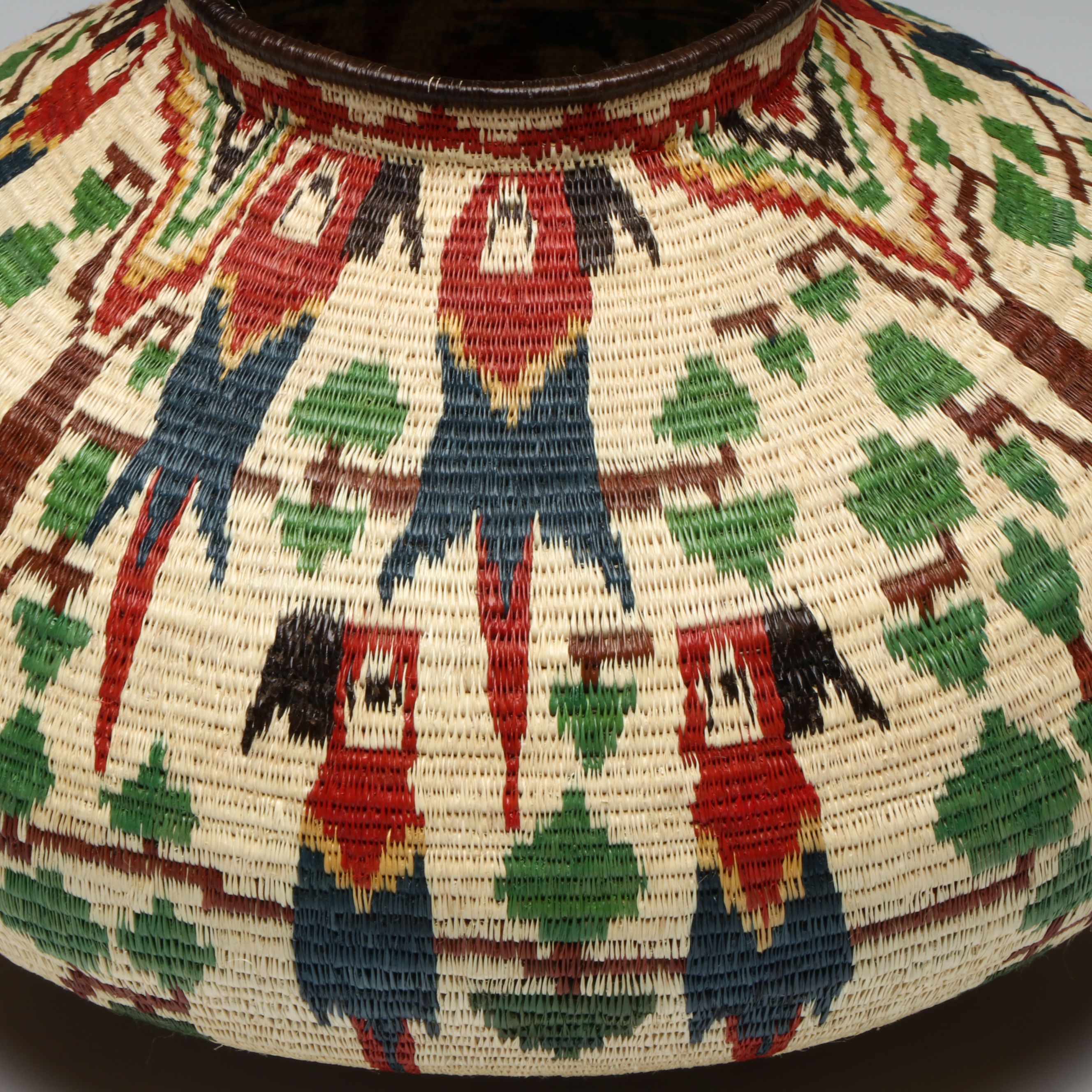 Darien Rainforest Woven Black Palm Chunga Fiber Basket Depicting Tropical Birds