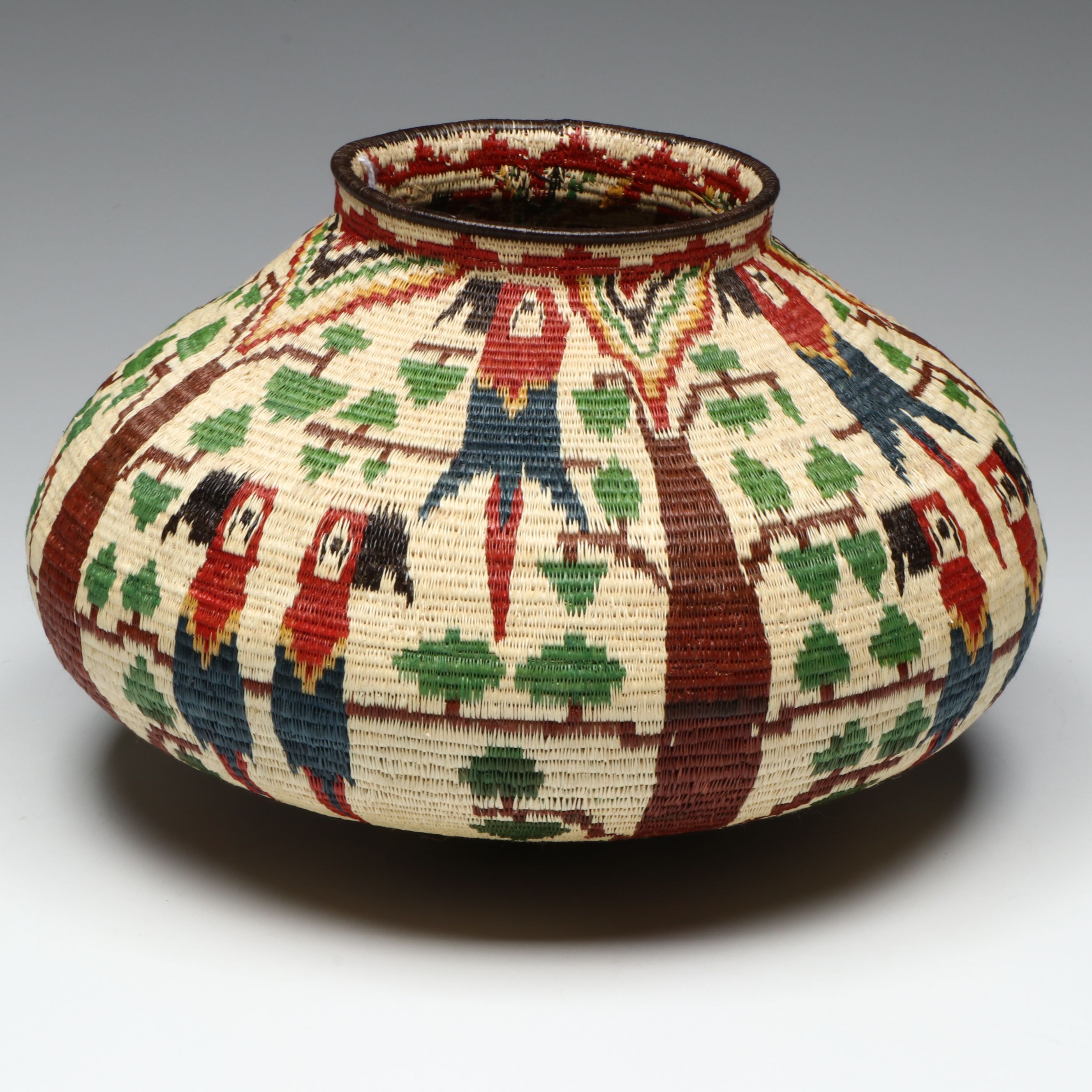 Darien Rainforest Woven Black Palm Chunga Fiber Basket Depicting Tropical Birds