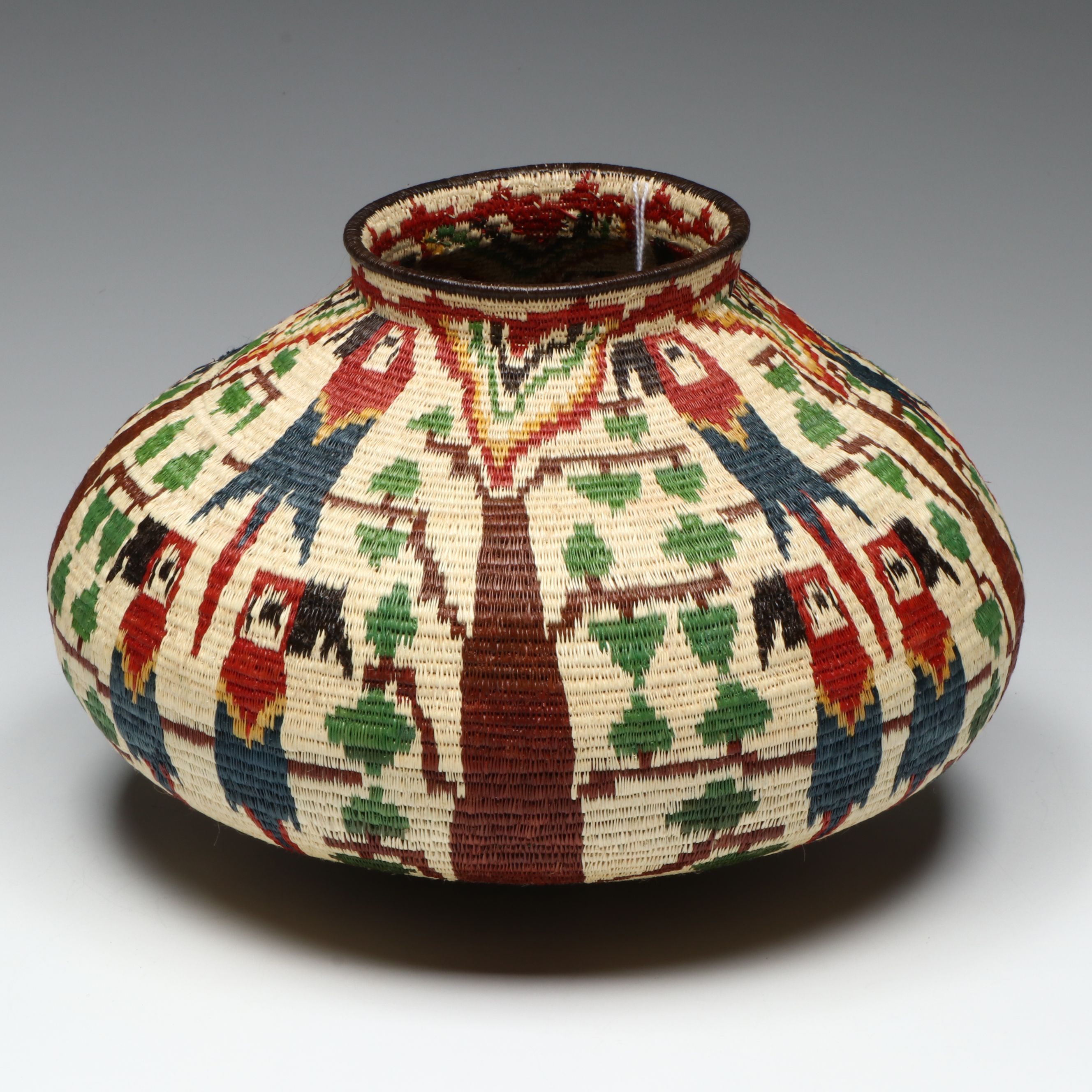 Darien Rainforest Woven Black Palm Chunga Fiber Basket Depicting Tropical Birds