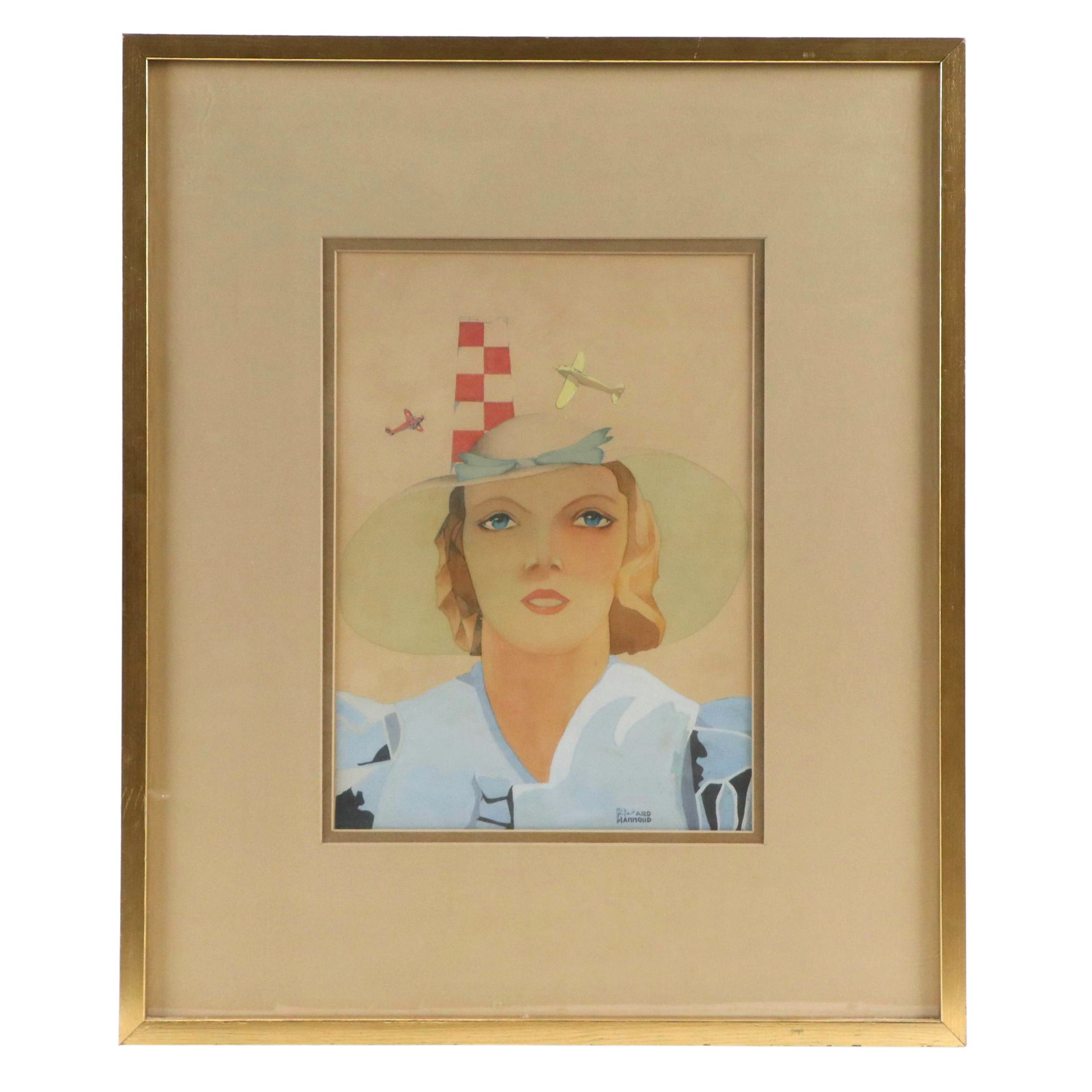 Ard Hammond Gouache Painting of Amelia Earhart, Early 20th Century