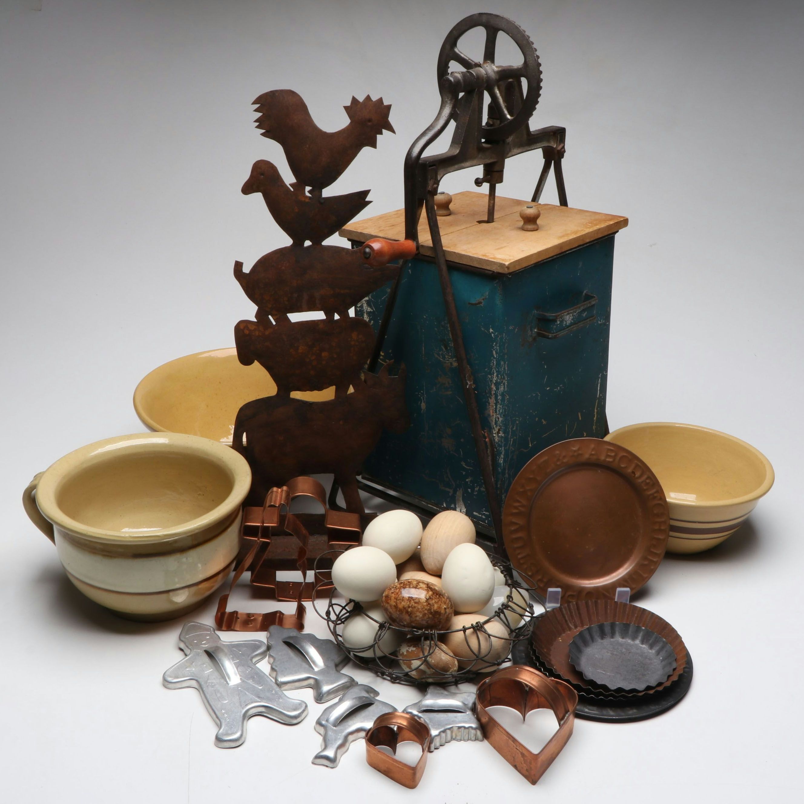 Rustic Box Butter Churn, Folk Art Animal Sculpture and Vintage Bakeware