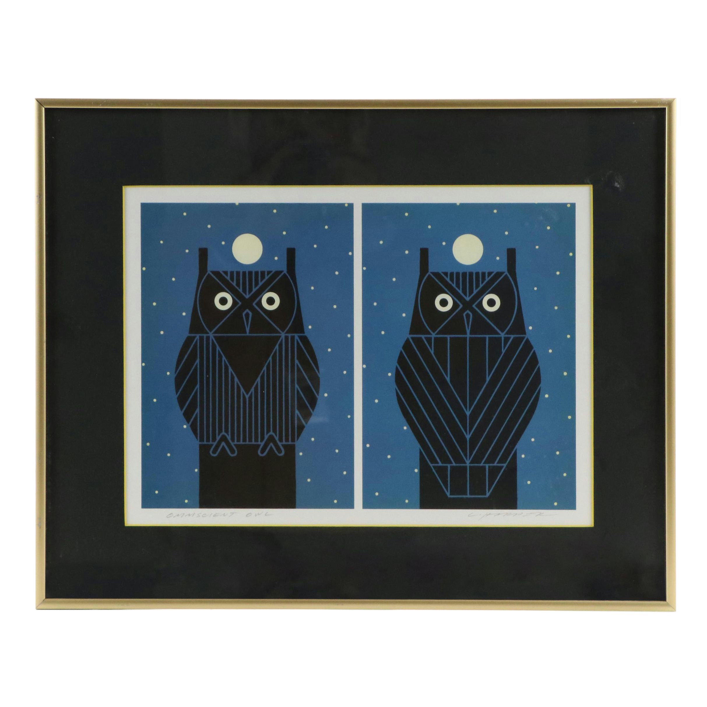Charley Harper Offset Lithograph "Omniscient Owl"