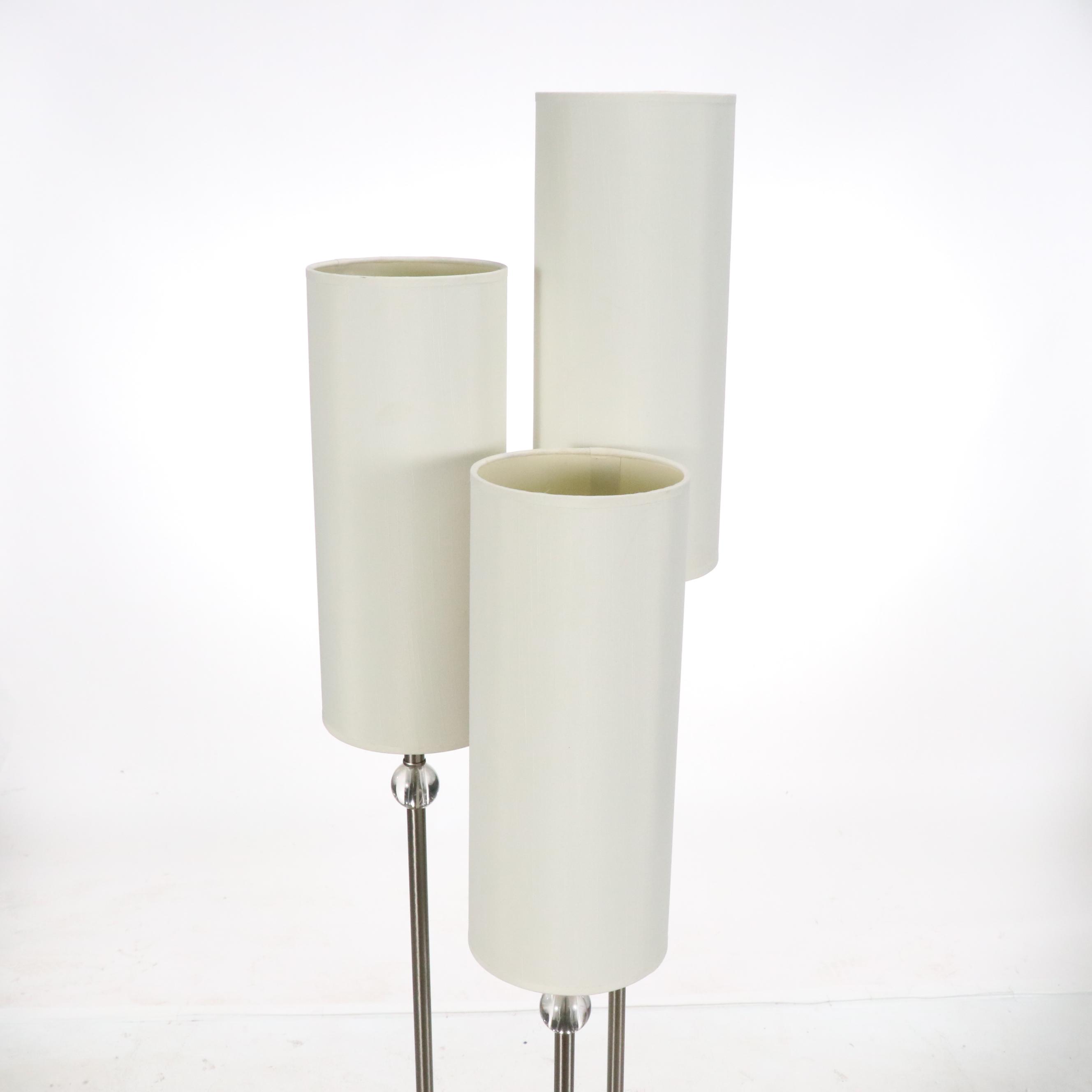 Adesso Trio Stainless Floor Lamp with White Linen Cylinder Shades