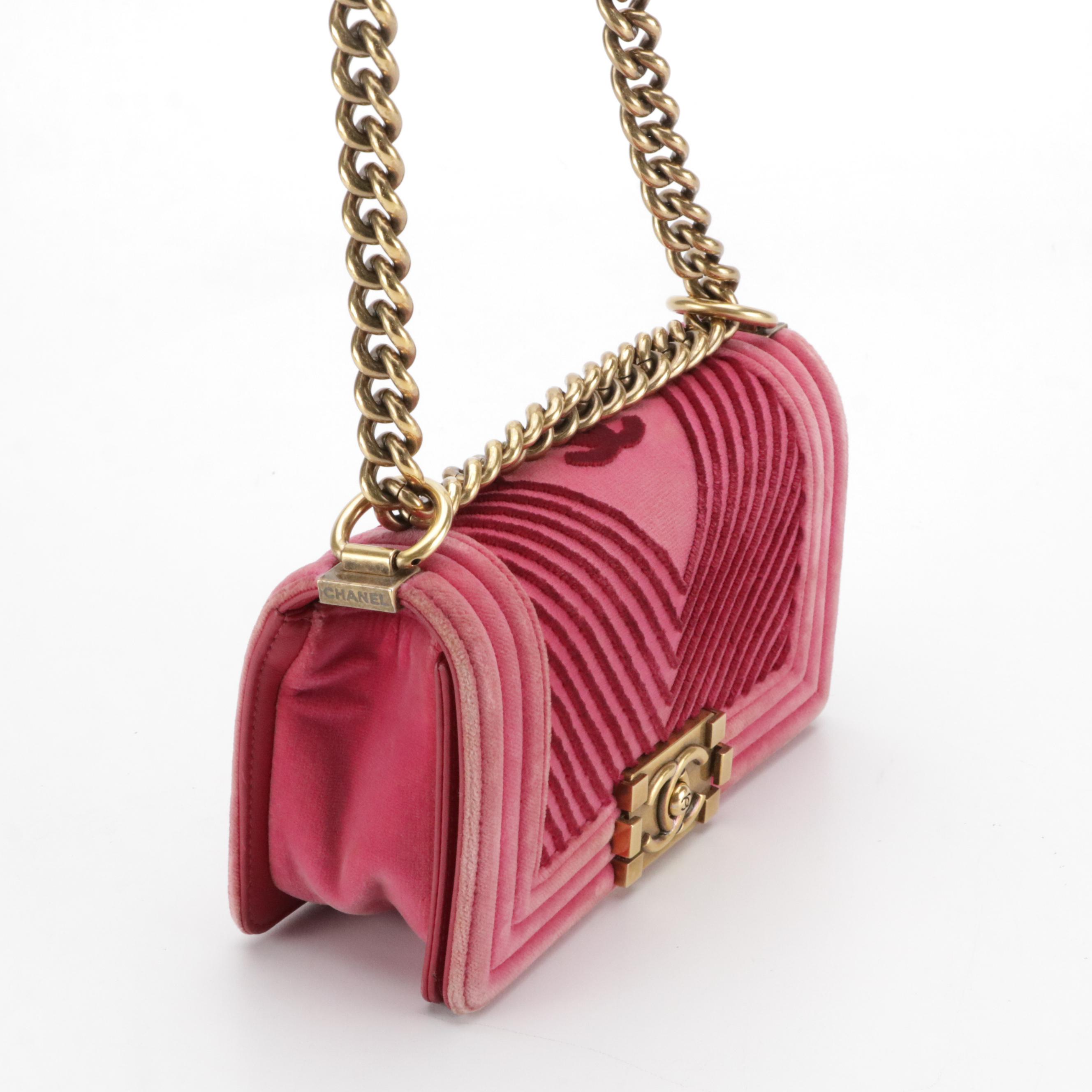 Chanel Pink Chevron Velvet and Leather Small Boy Flap Bag