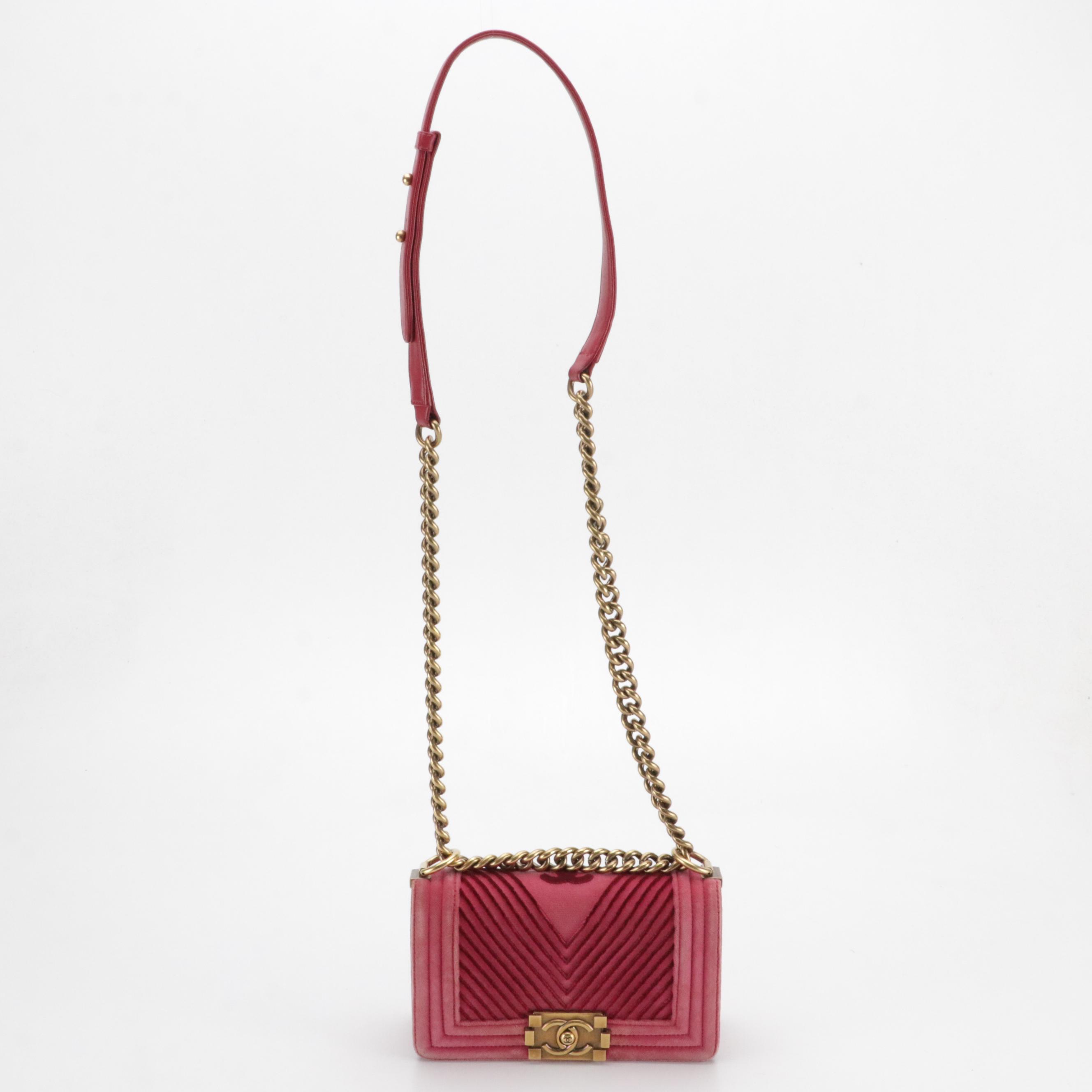 Chanel Pink Chevron Velvet and Leather Small Boy Flap Bag