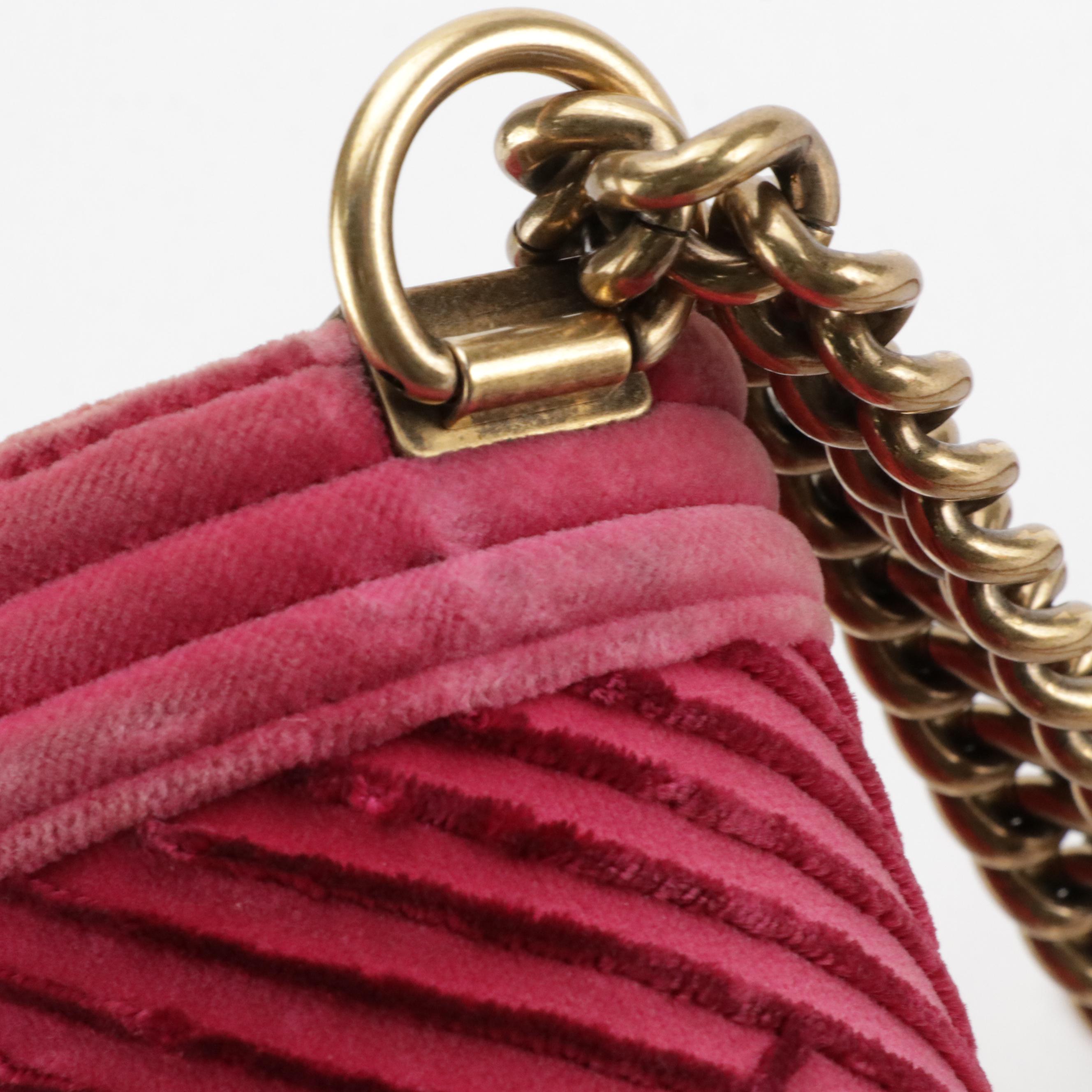 Chanel Pink Chevron Velvet and Leather Small Boy Flap Bag