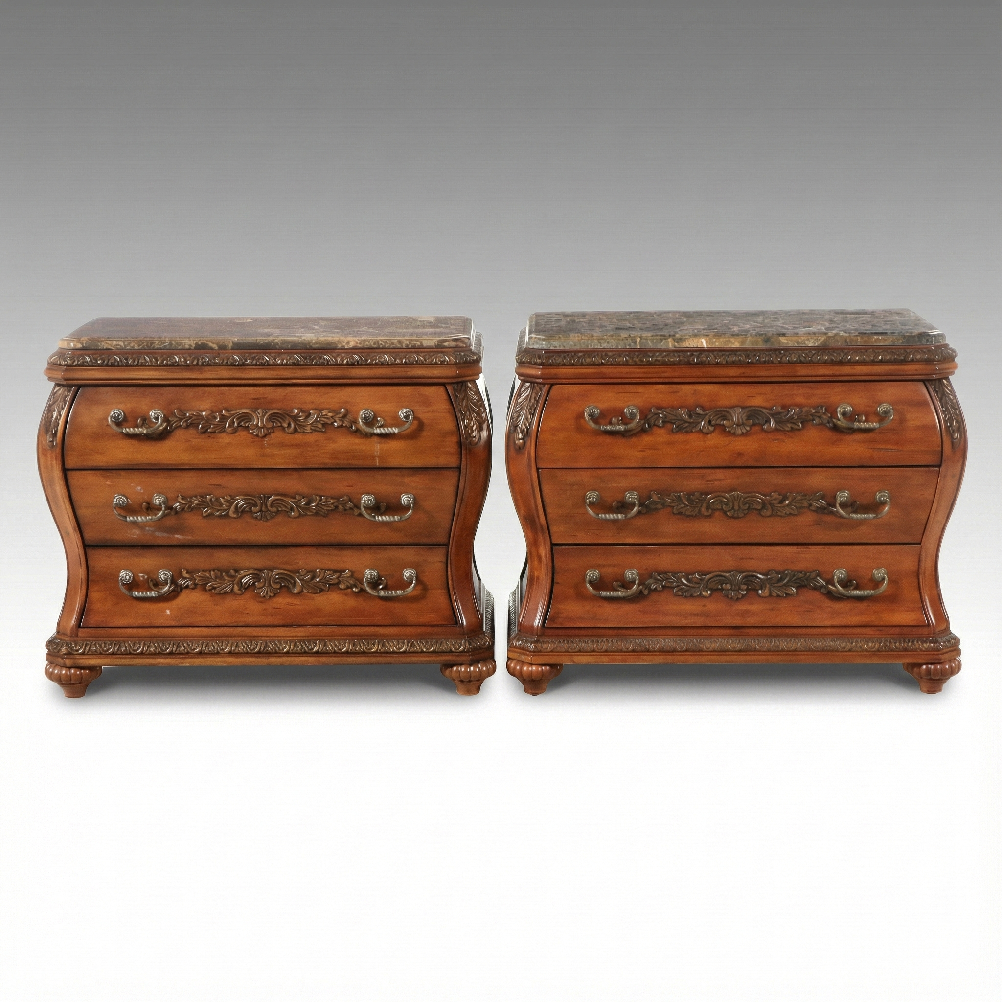 Pair of Baroque Style Carved Cherry Marble Top Bombé Chests