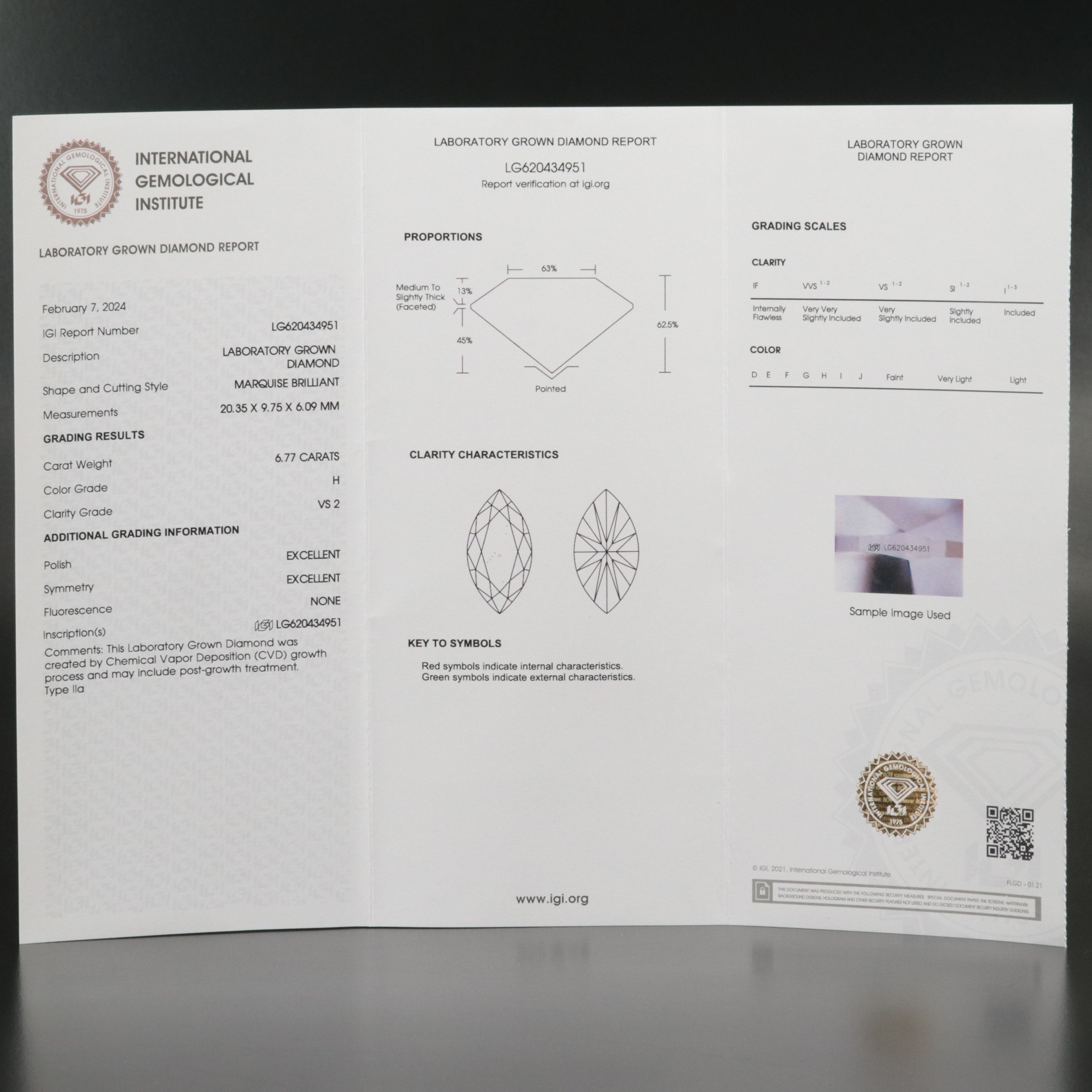 Loose 6.77 CT Lab Grown Diamond with IGI Report