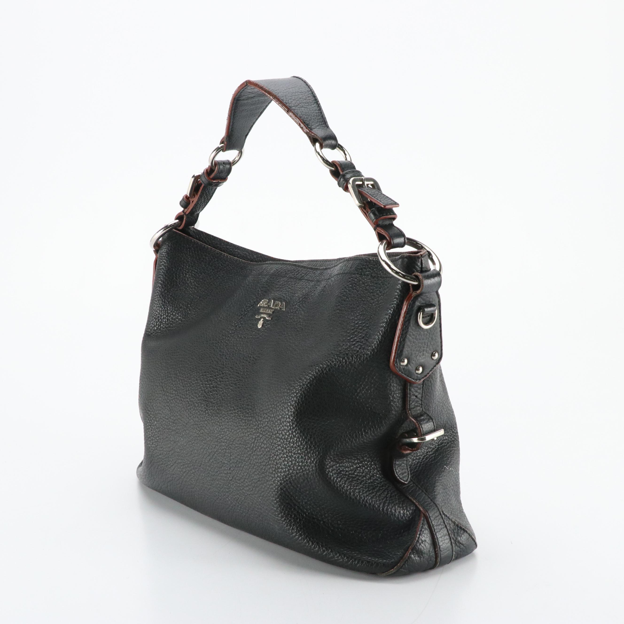 Prada Buckle Strap Shoulder Bag in Black Vitello Daino Leather