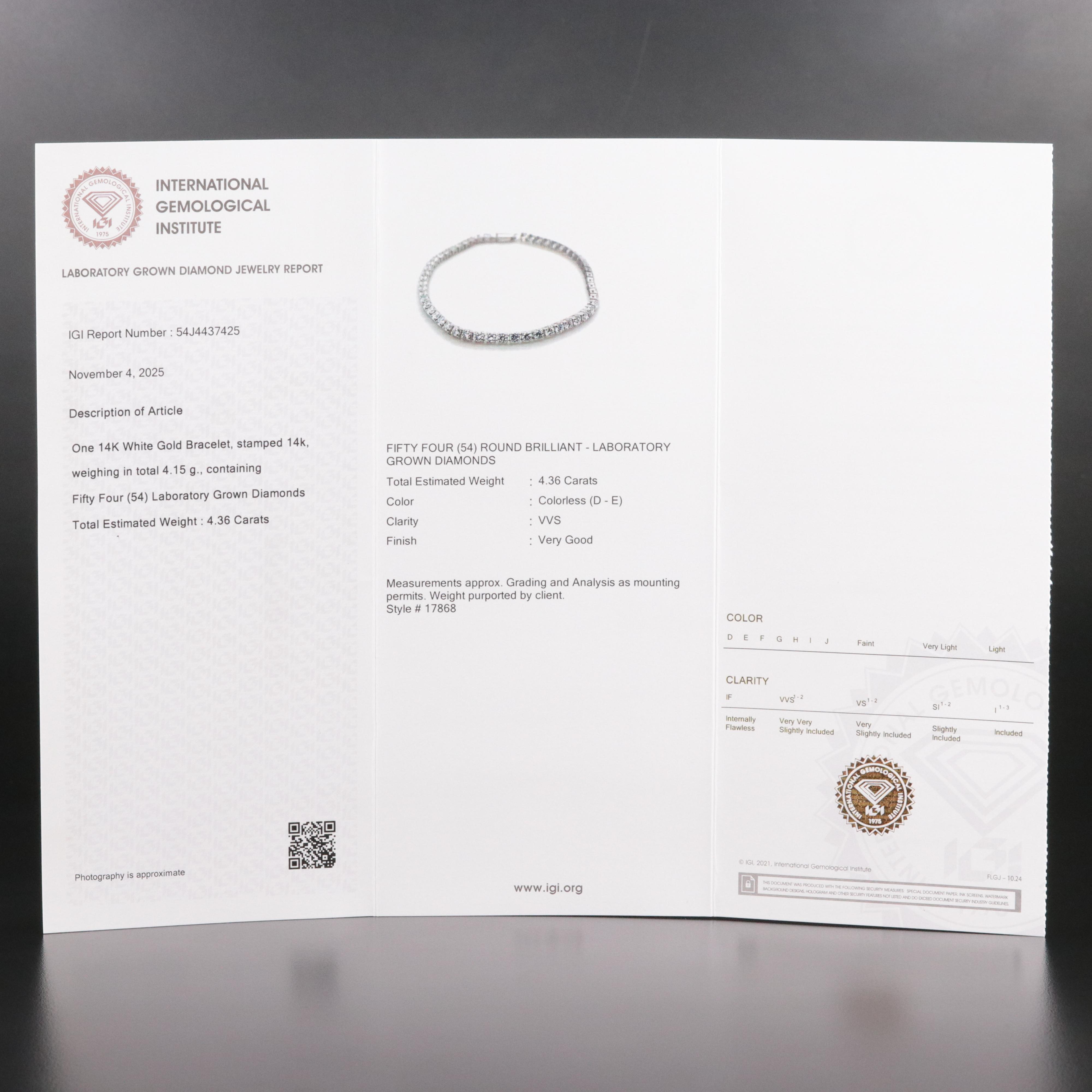 14K 4.36 CTW Lab Grown Diamond Line Bracelet with IGI Jewelry Report