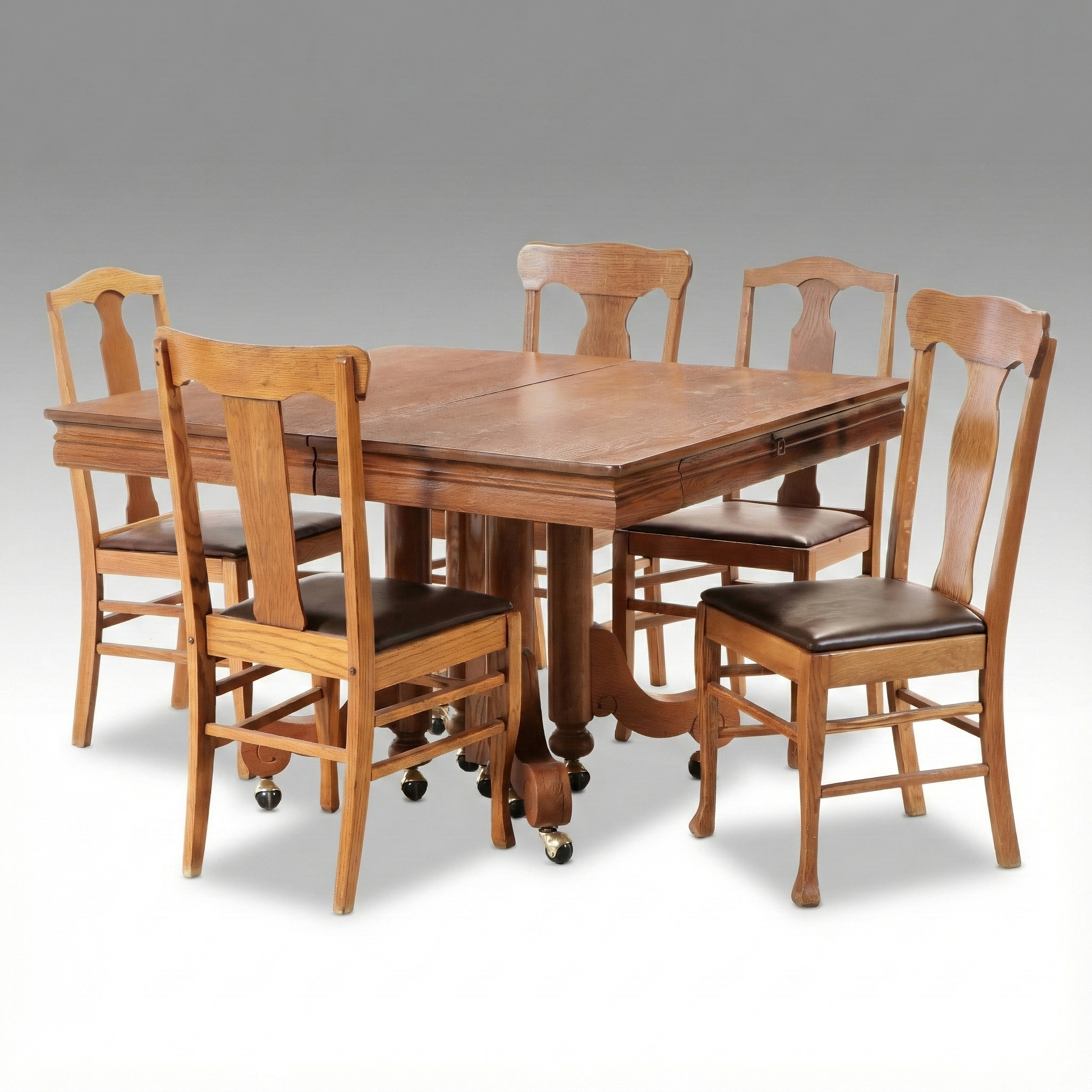Six Piece Dining Set with Robbins Oak Extending Table, Early to Mid-20th Century