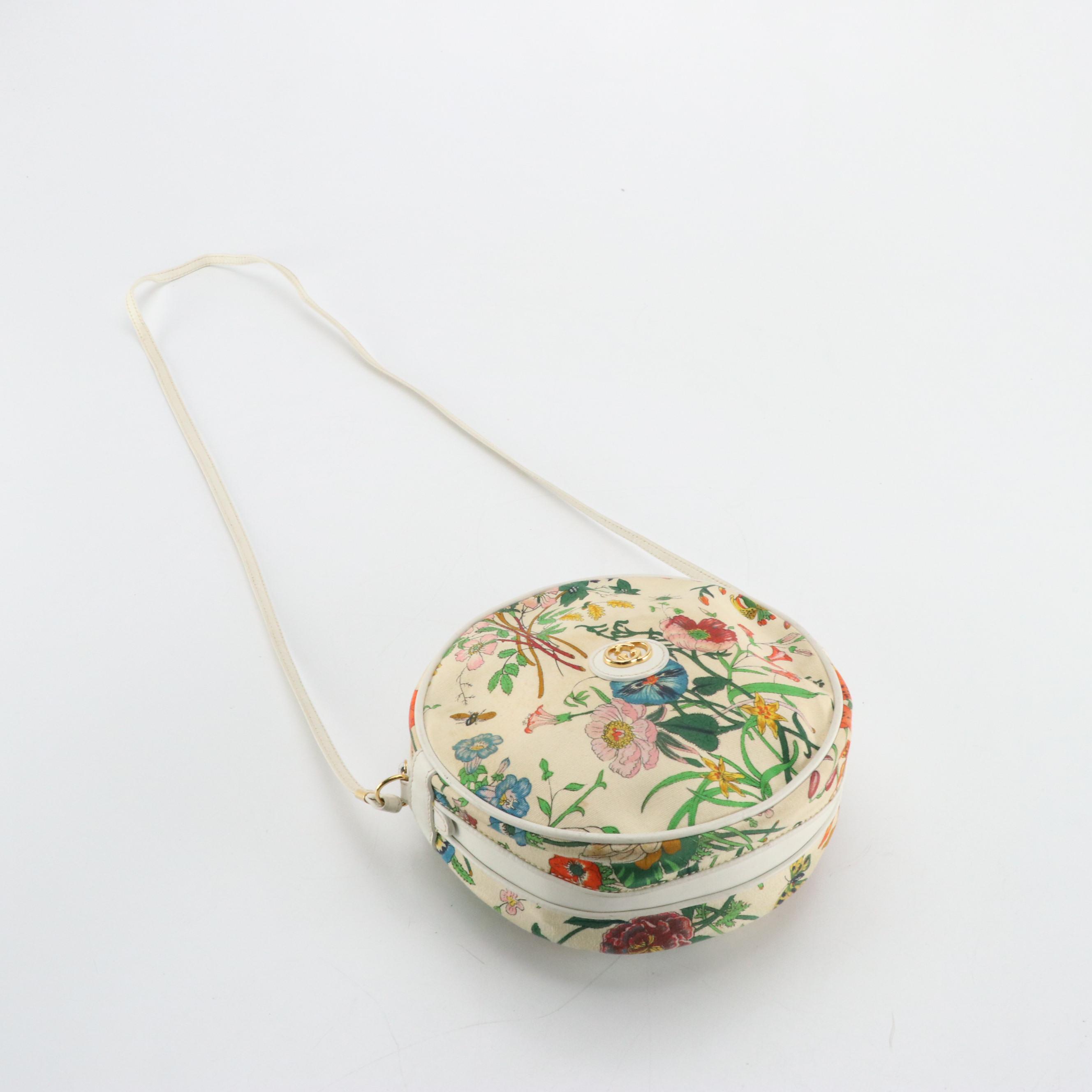 Gucci Vintage Flora Canvas Canteen Crossbody Bag with White Leather Trim