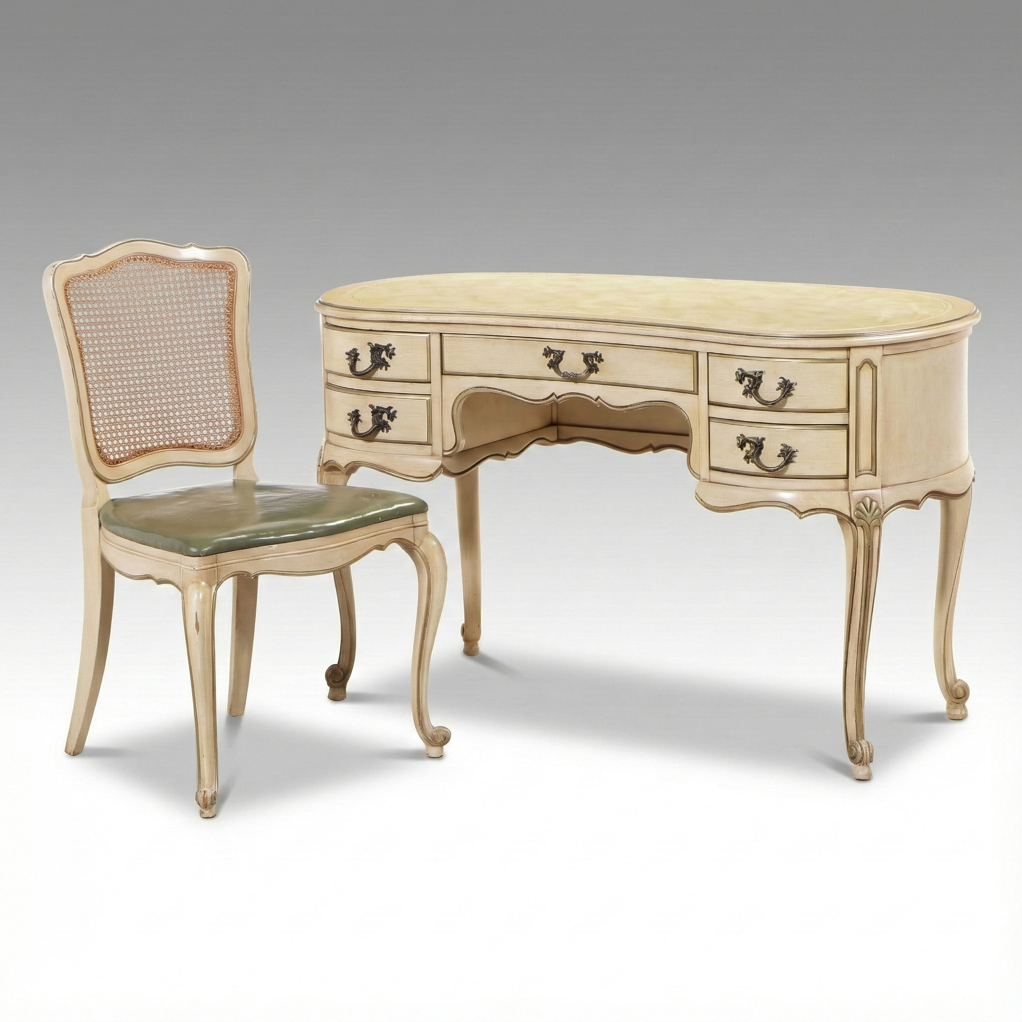Louis XV Style Painted Wood Bean-Shaped Desk with Cane-Back Chair