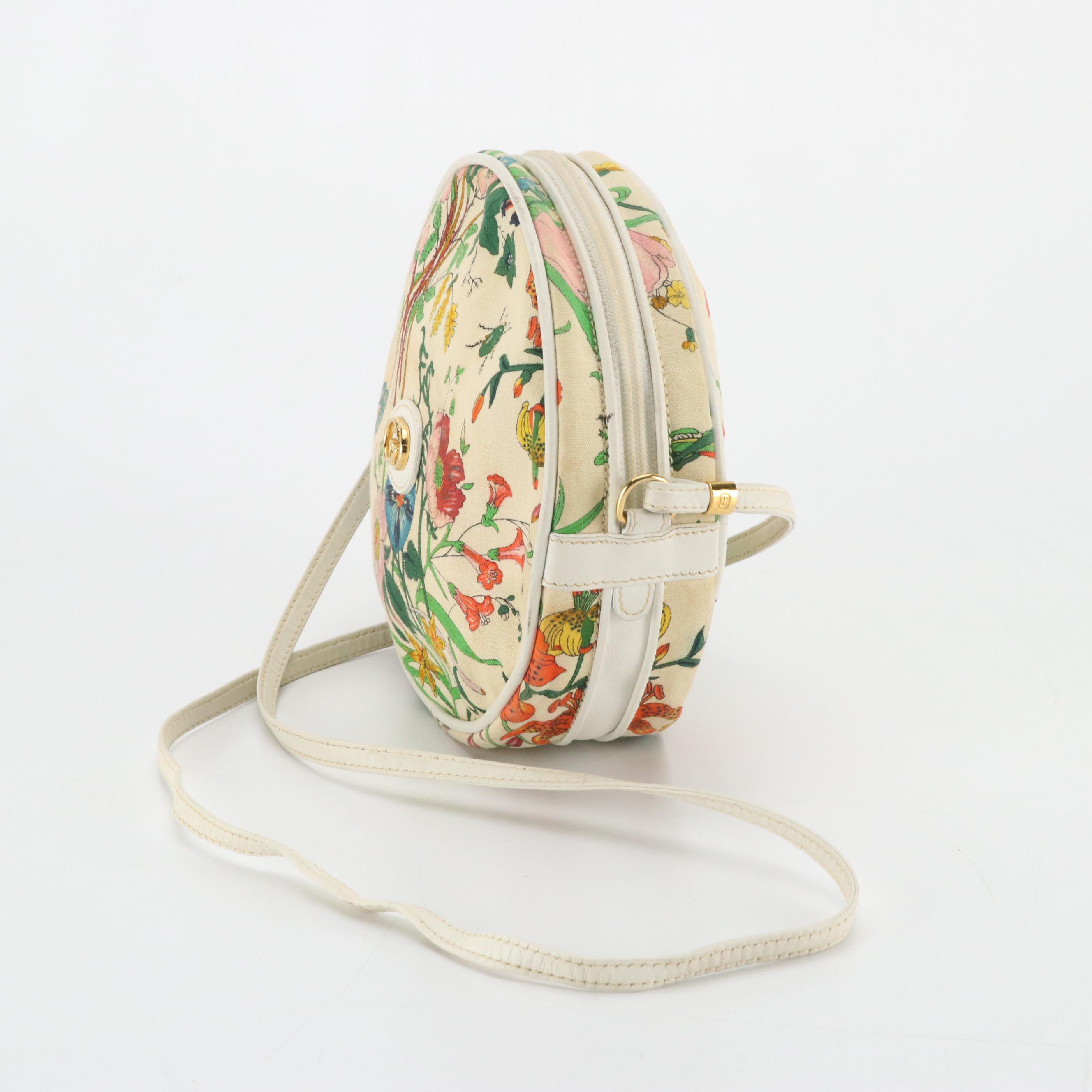 Gucci Vintage Flora Canvas Canteen Crossbody Bag with White Leather Trim