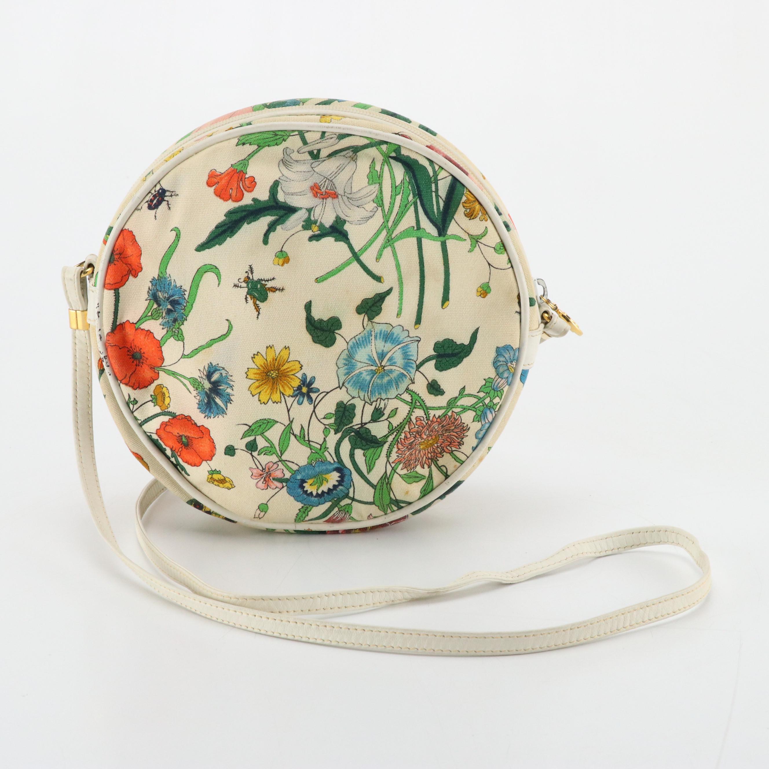 Gucci Vintage Flora Canvas Canteen Crossbody Bag with White Leather Trim