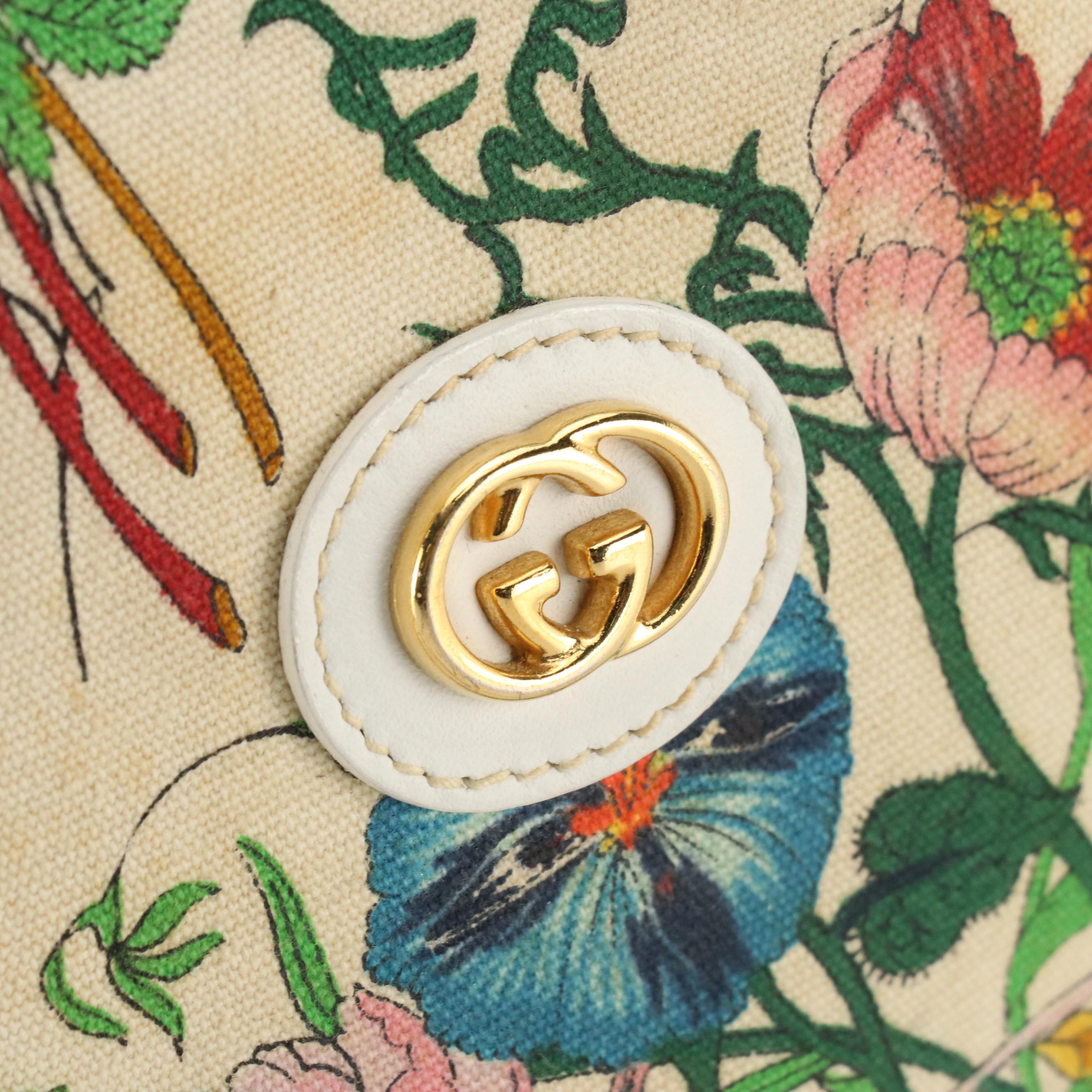 Gucci Vintage Flora Canvas Canteen Crossbody Bag with White Leather Trim