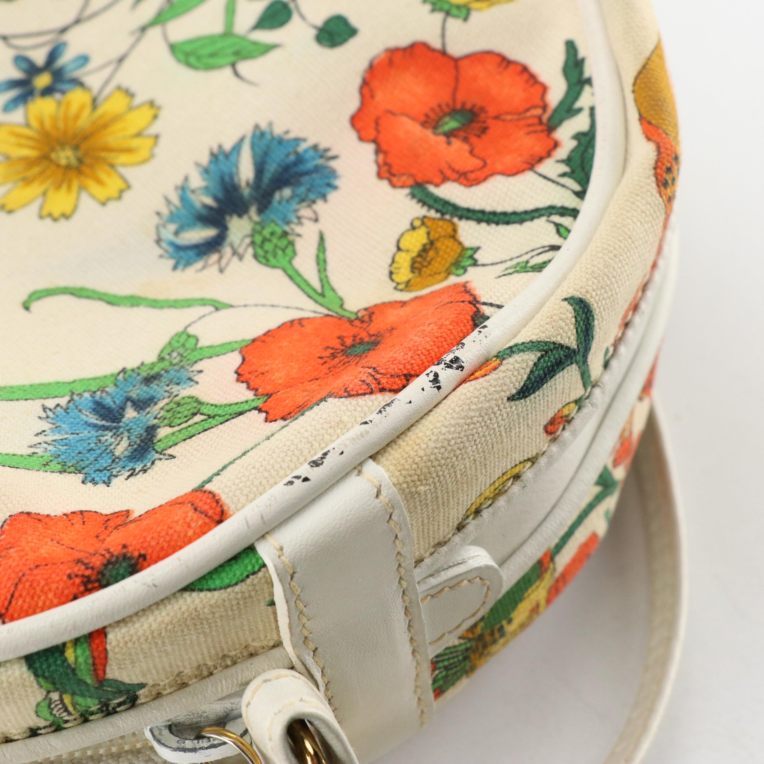 Gucci Vintage Flora Canvas Canteen Crossbody Bag with White Leather Trim
