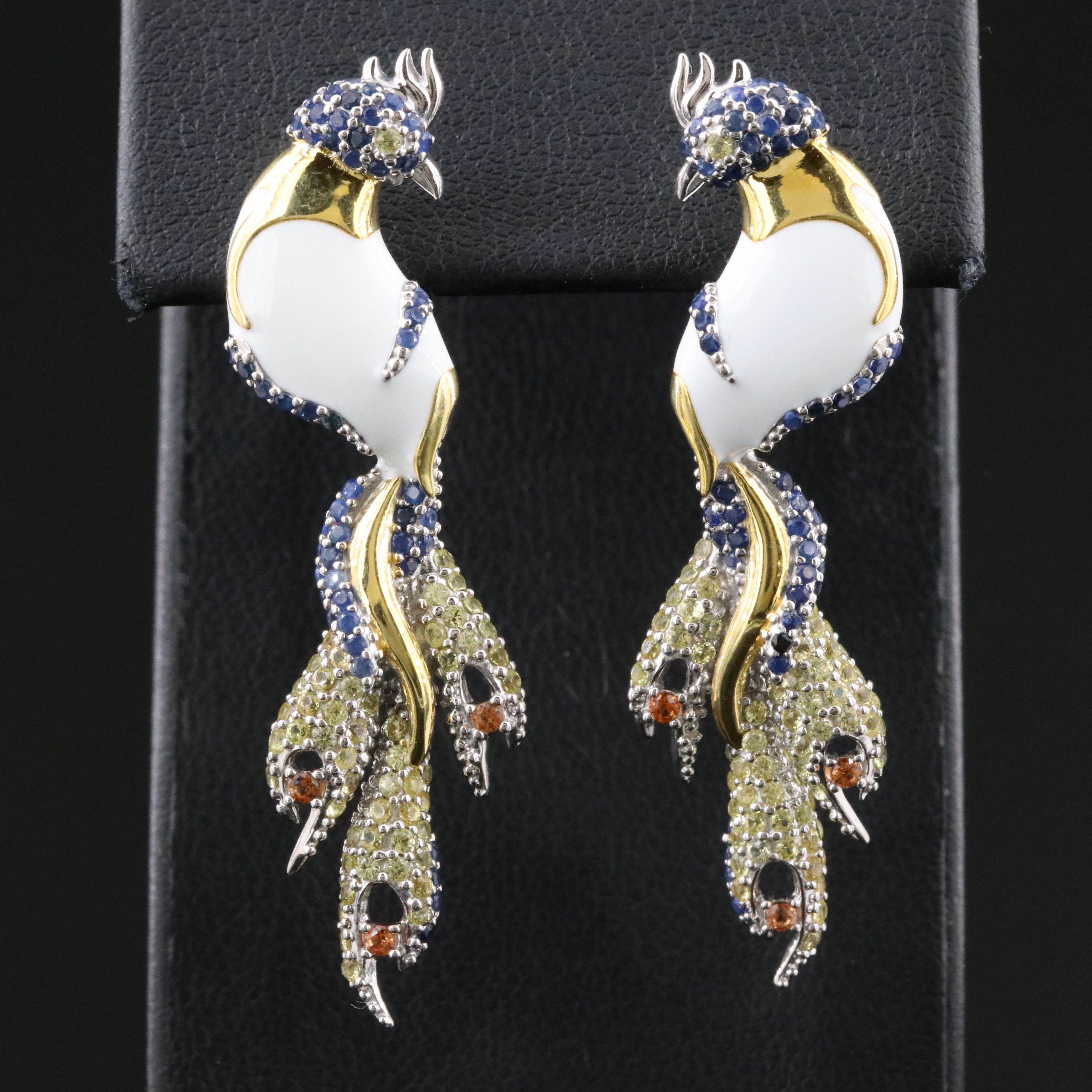 Sterling Sapphire and Enamel Bird Drop Earrings
