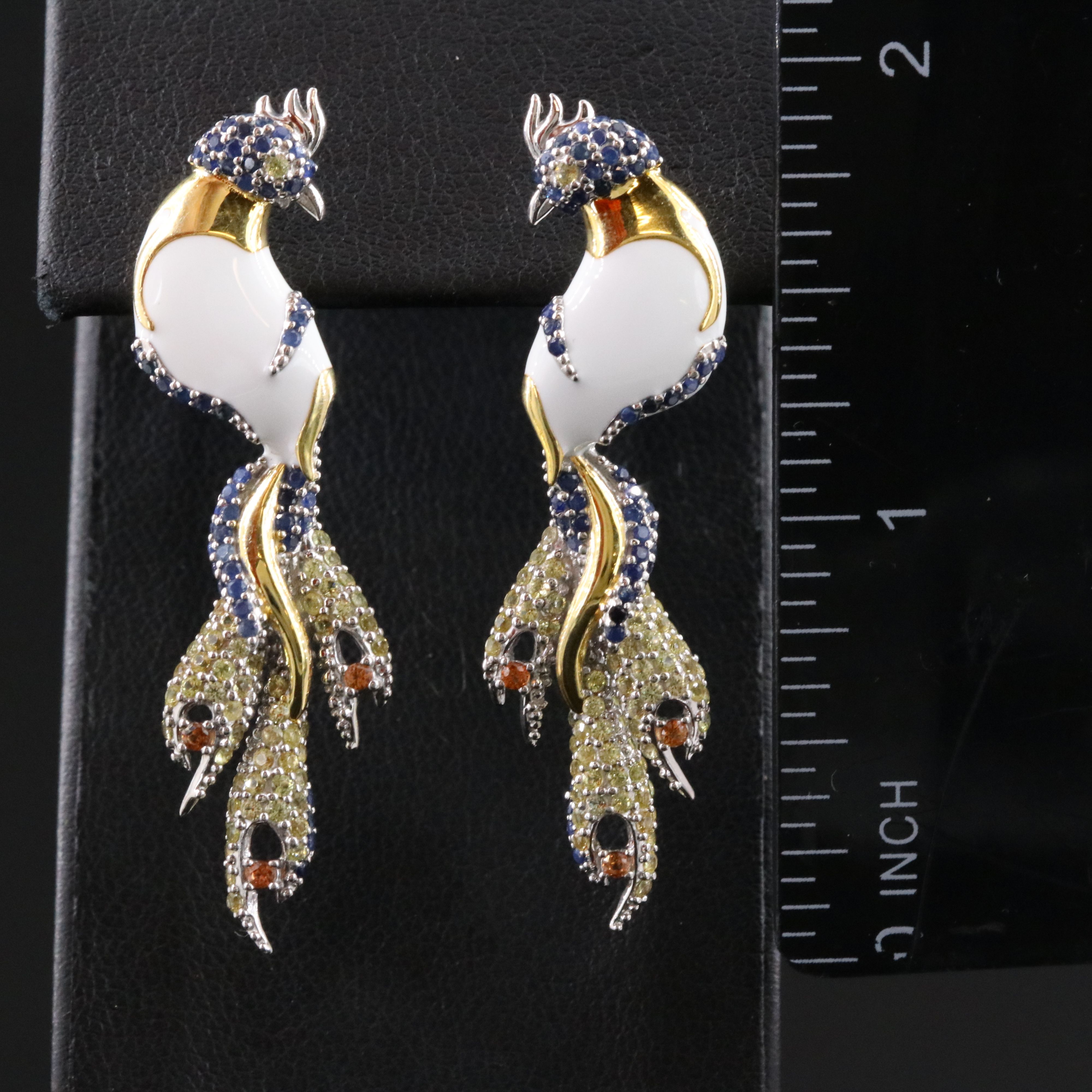 Sterling Sapphire and Enamel Bird Drop Earrings