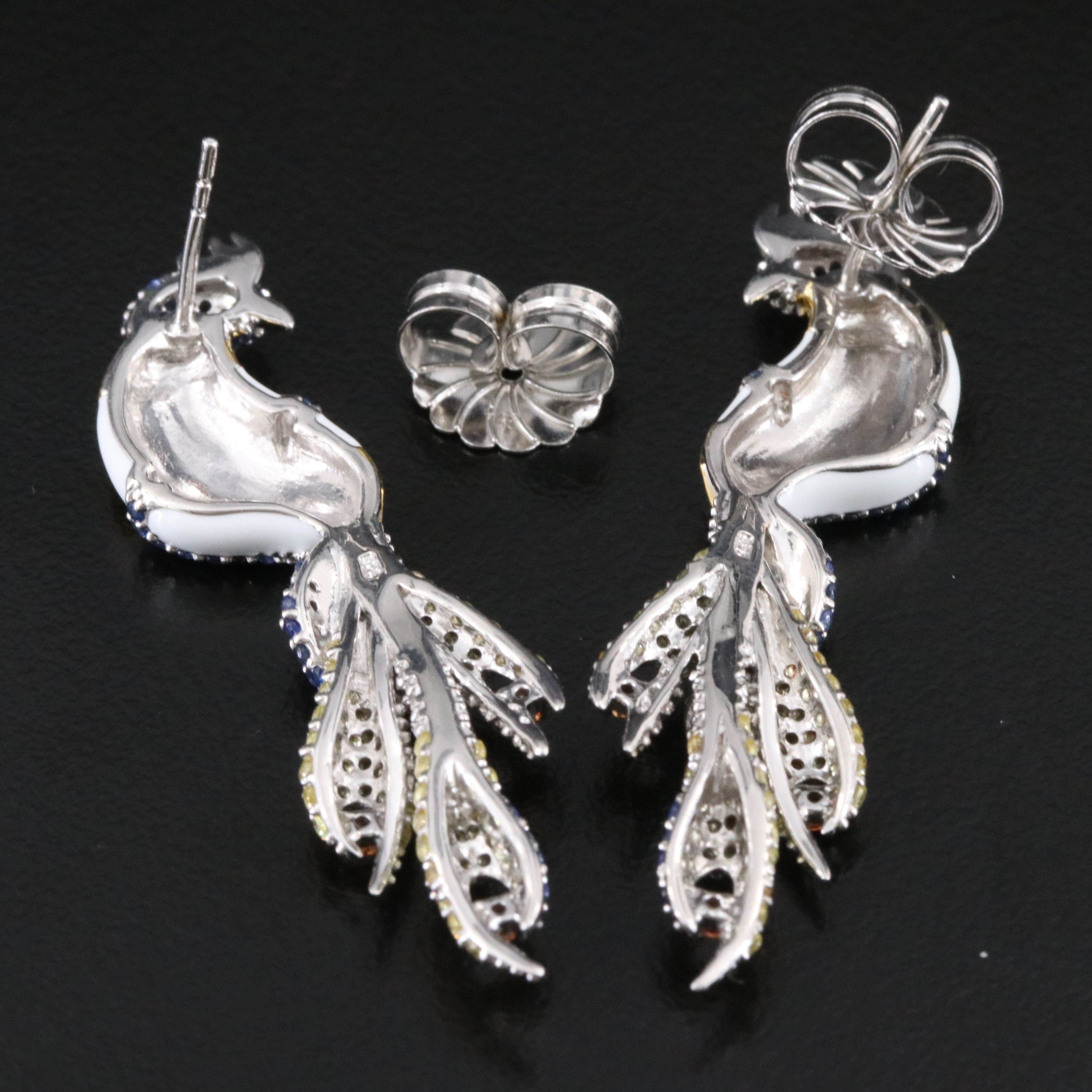 Sterling Sapphire and Enamel Bird Drop Earrings