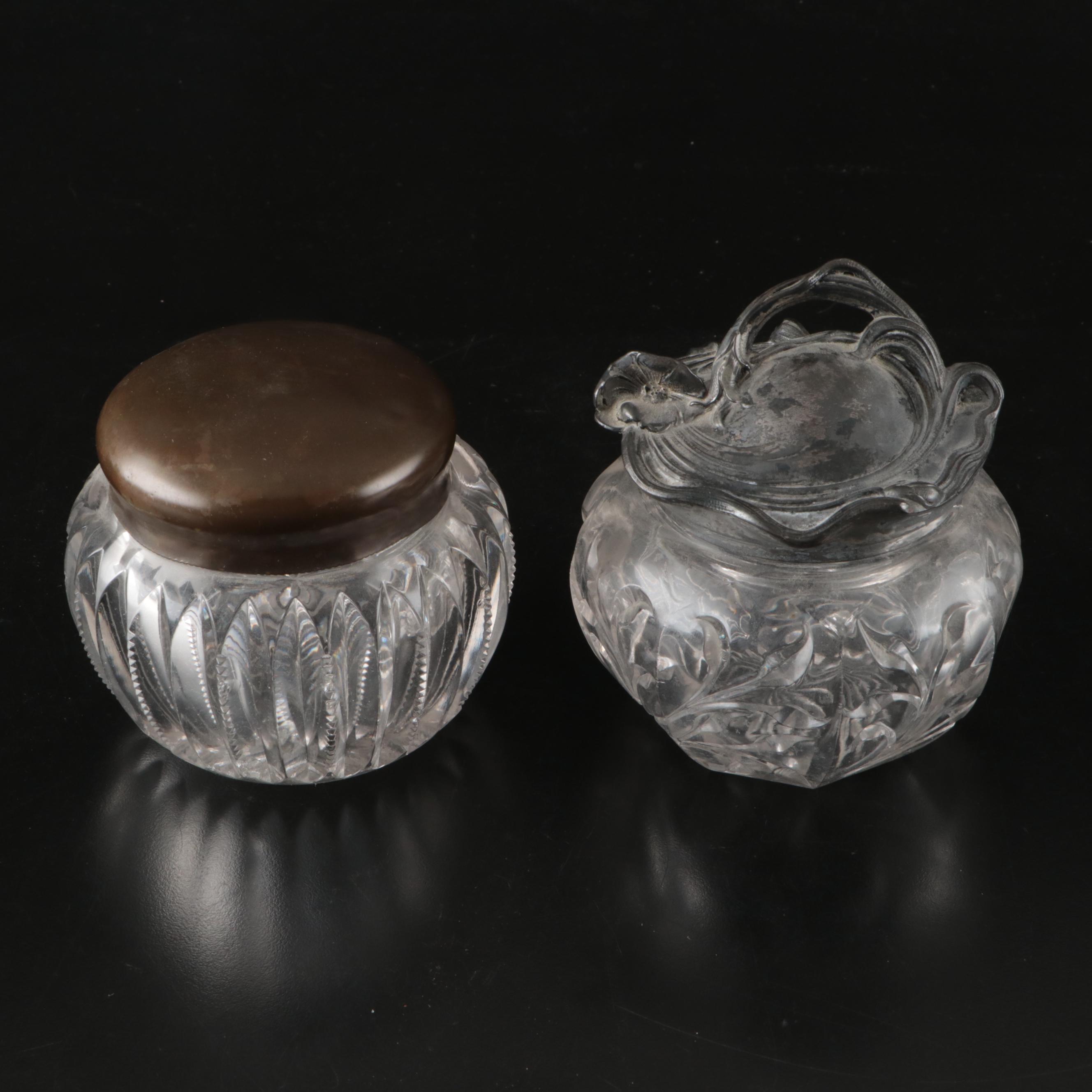 Art Nouveau and Other Cut Glass Vanity Jars with Hand Mirror