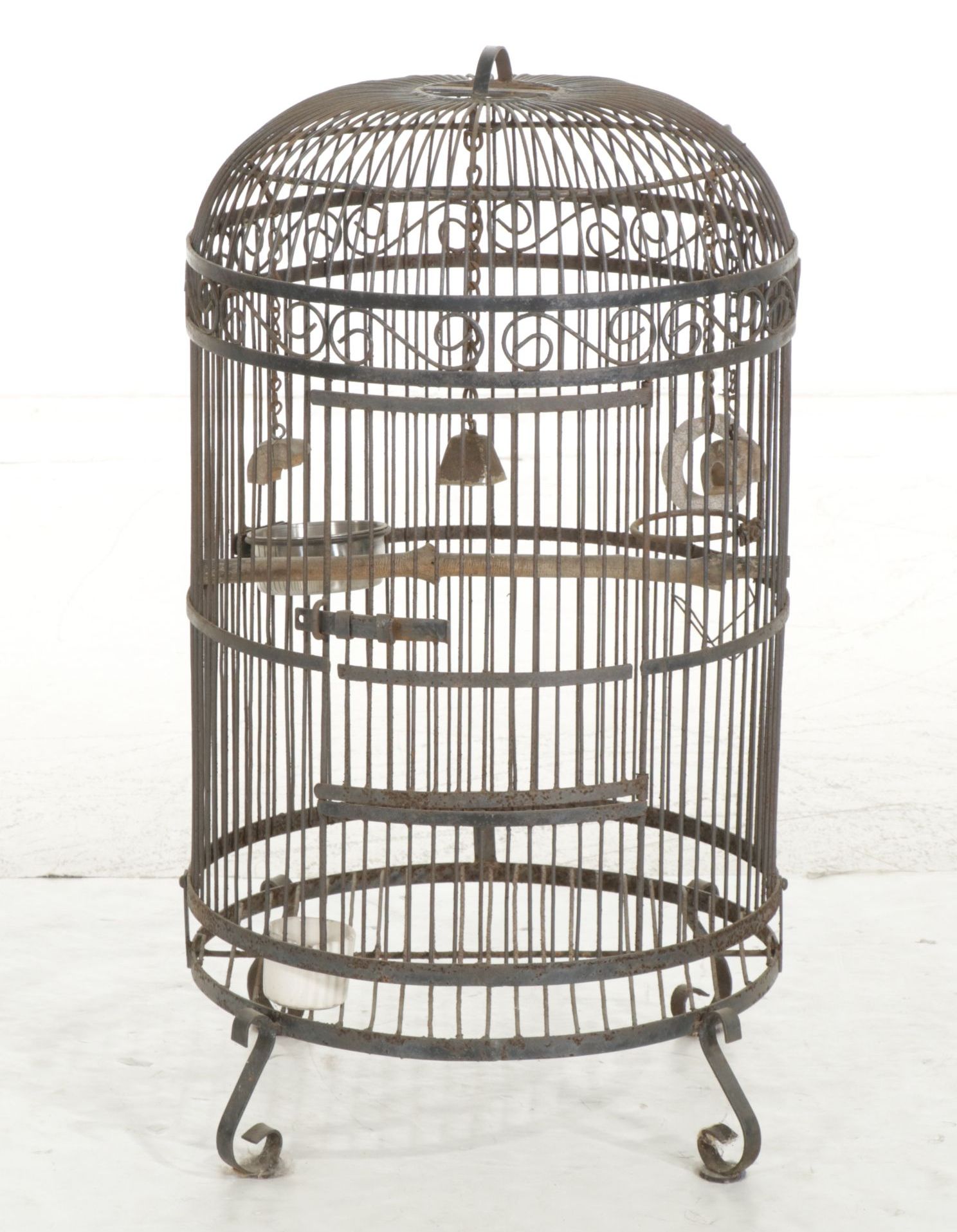 Scrolled Wrought Iron Dome Bird Cage with Bird Perches and Hanging Toys