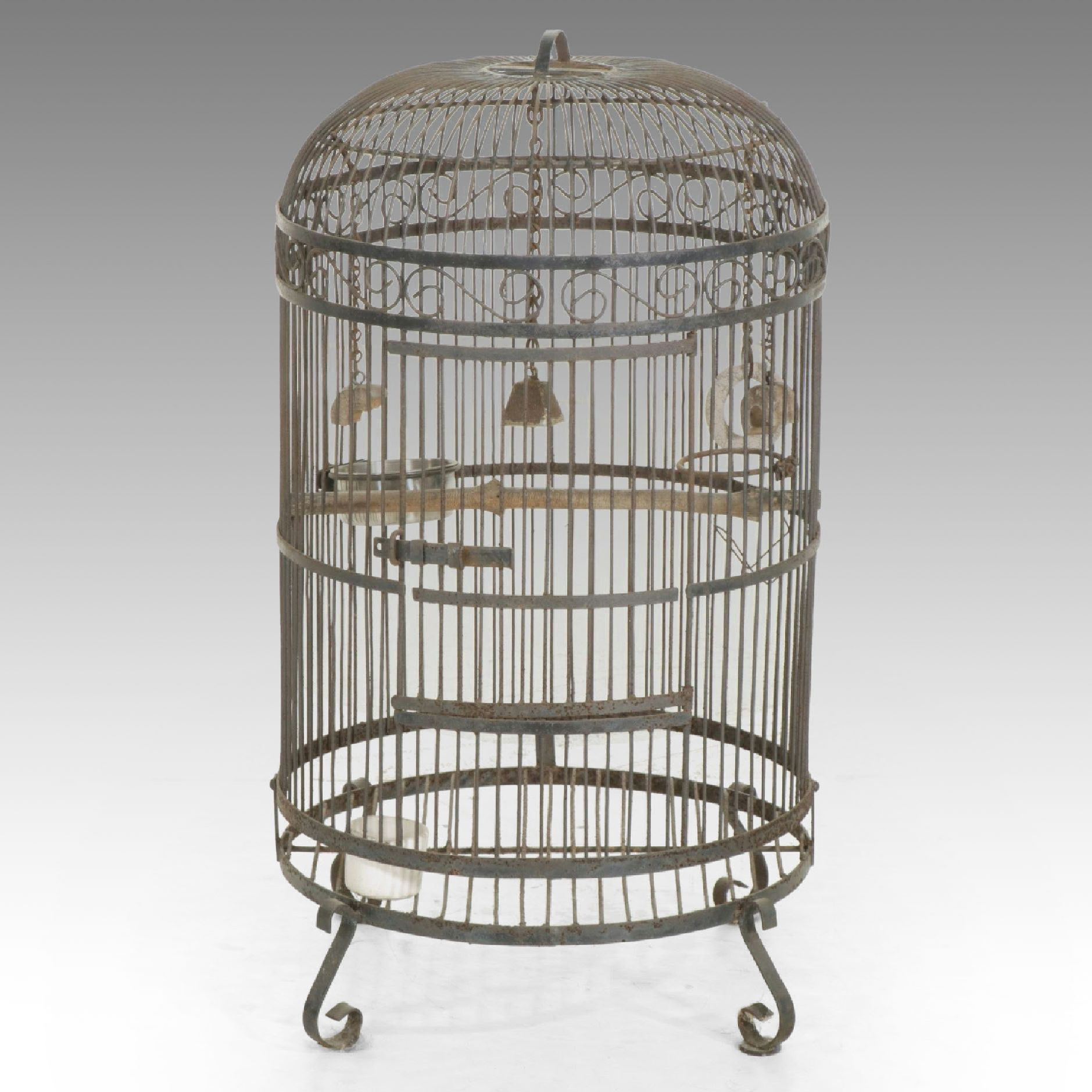 Scrolled Wrought Iron Dome Bird Cage with Bird Perches and Hanging Toys