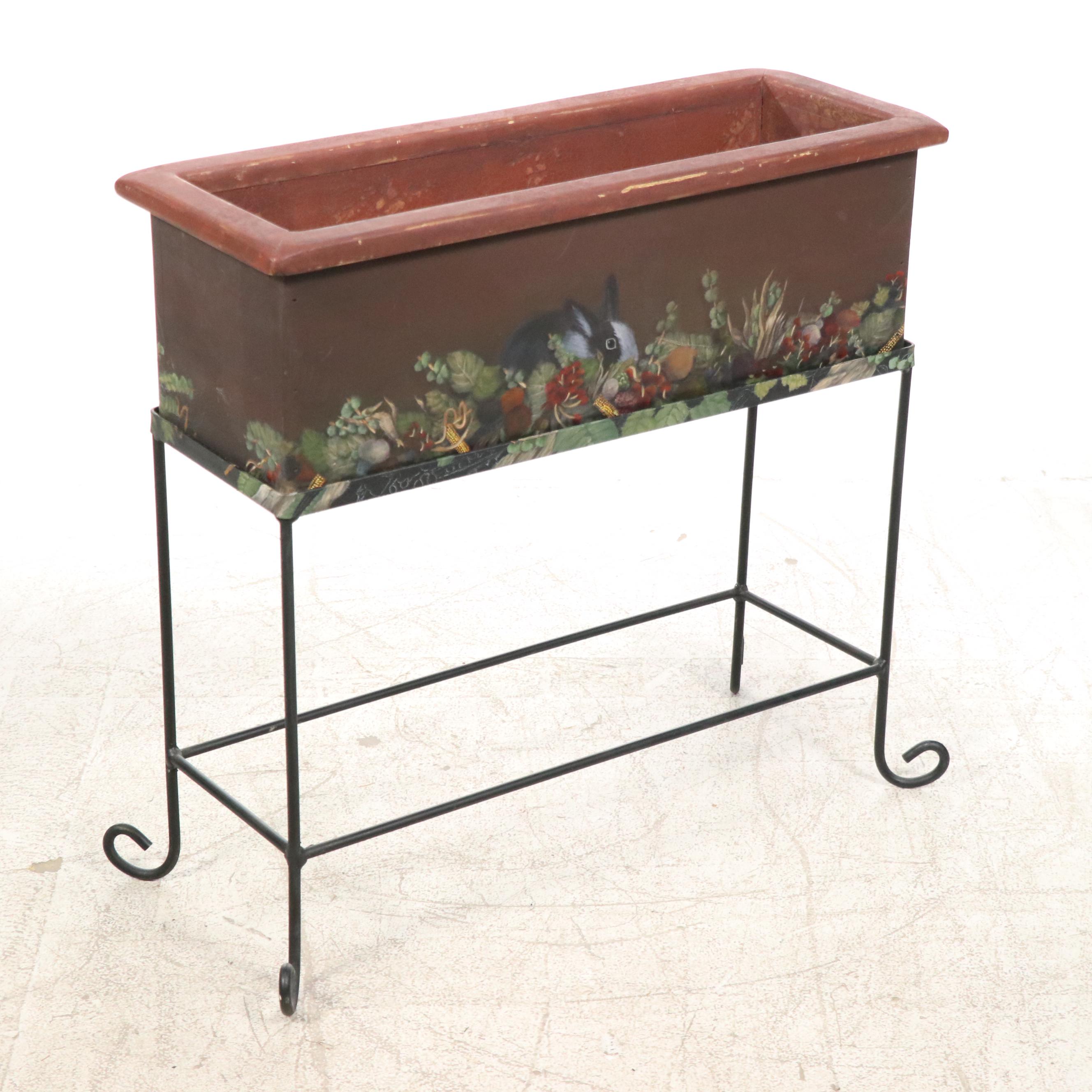Hand-Painted Rabbit and Fox Wood Planter with Wrought Iron Stand