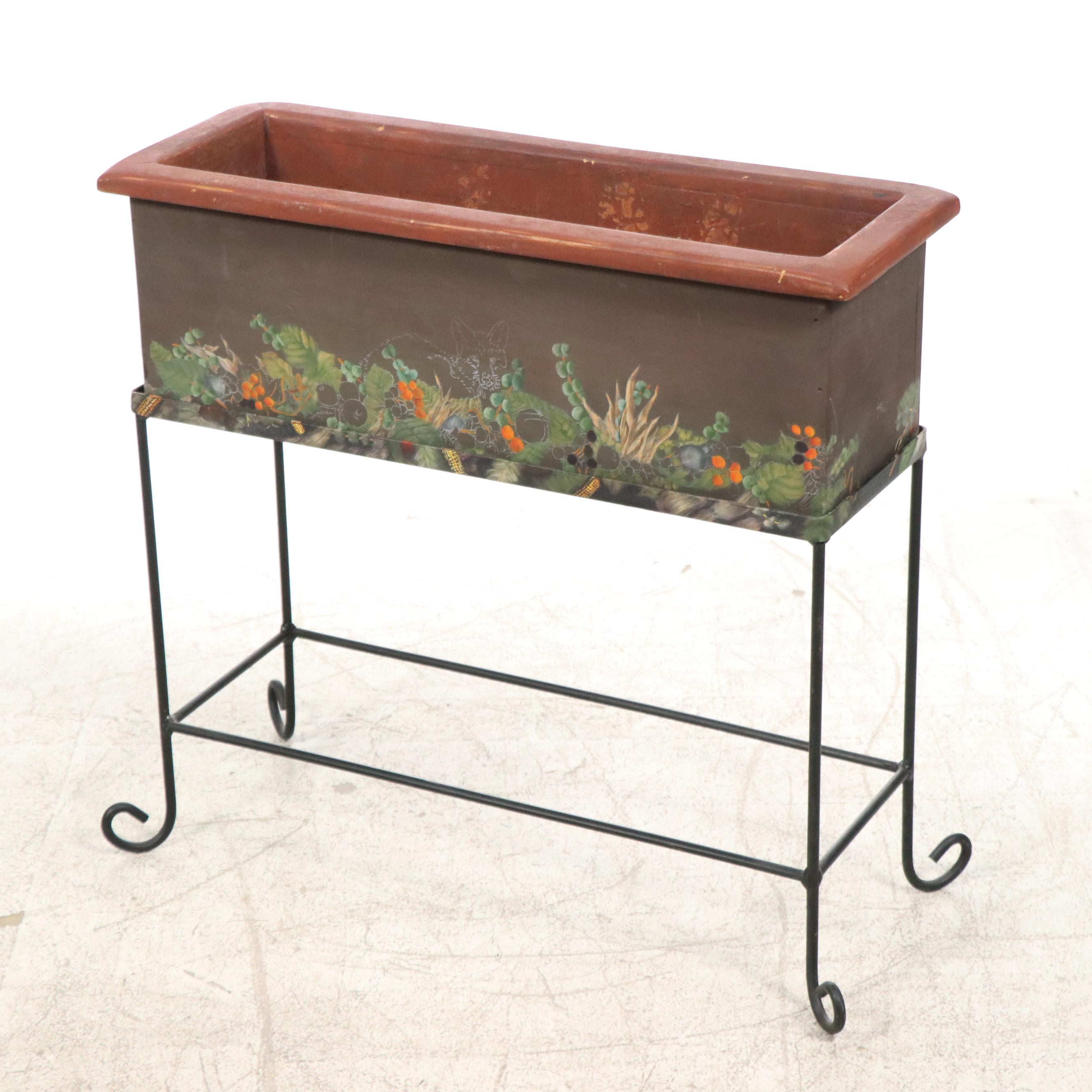 Hand-Painted Rabbit and Fox Wood Planter with Wrought Iron Stand