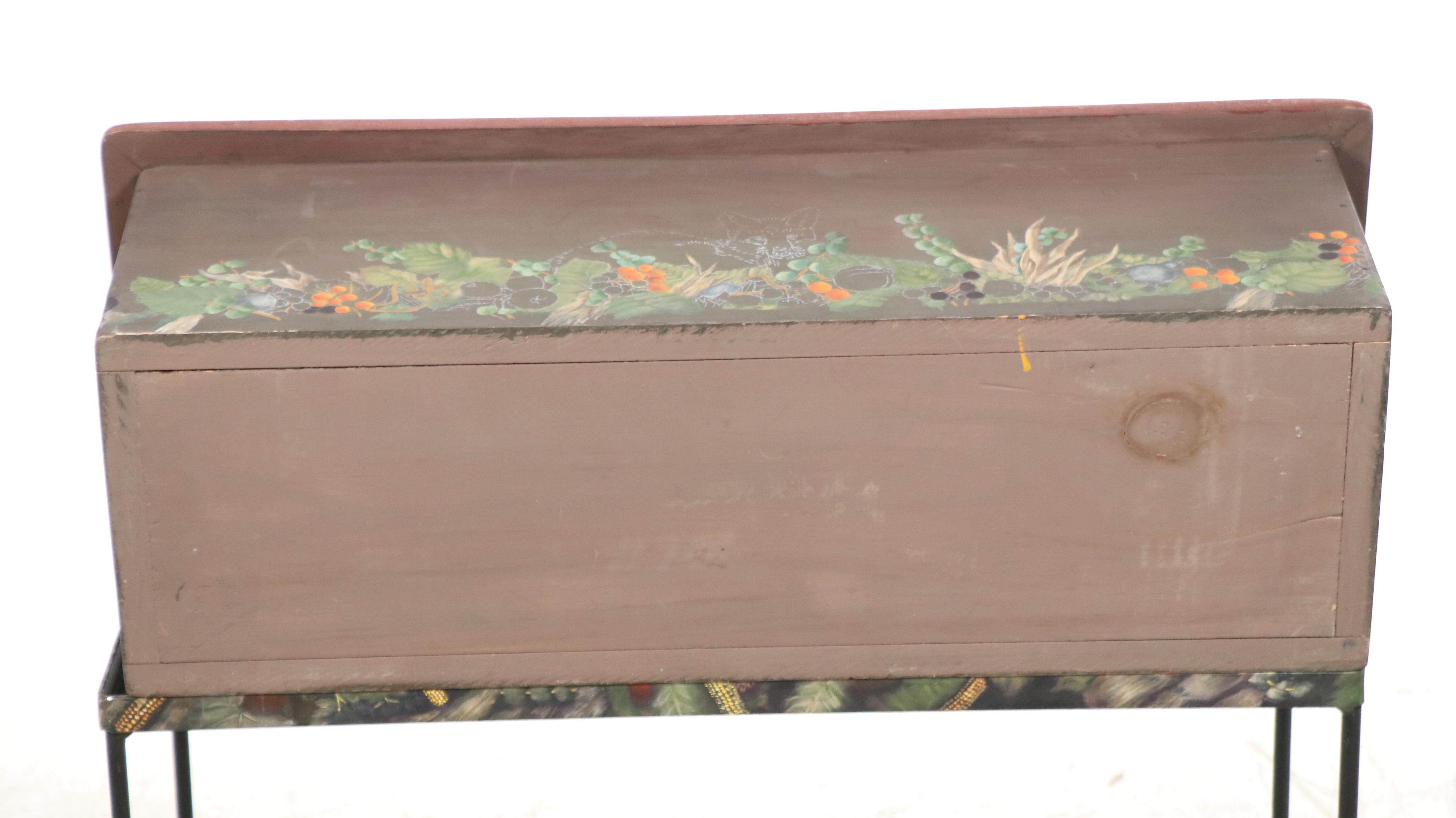 Hand-Painted Rabbit and Fox Wood Planter with Wrought Iron Stand