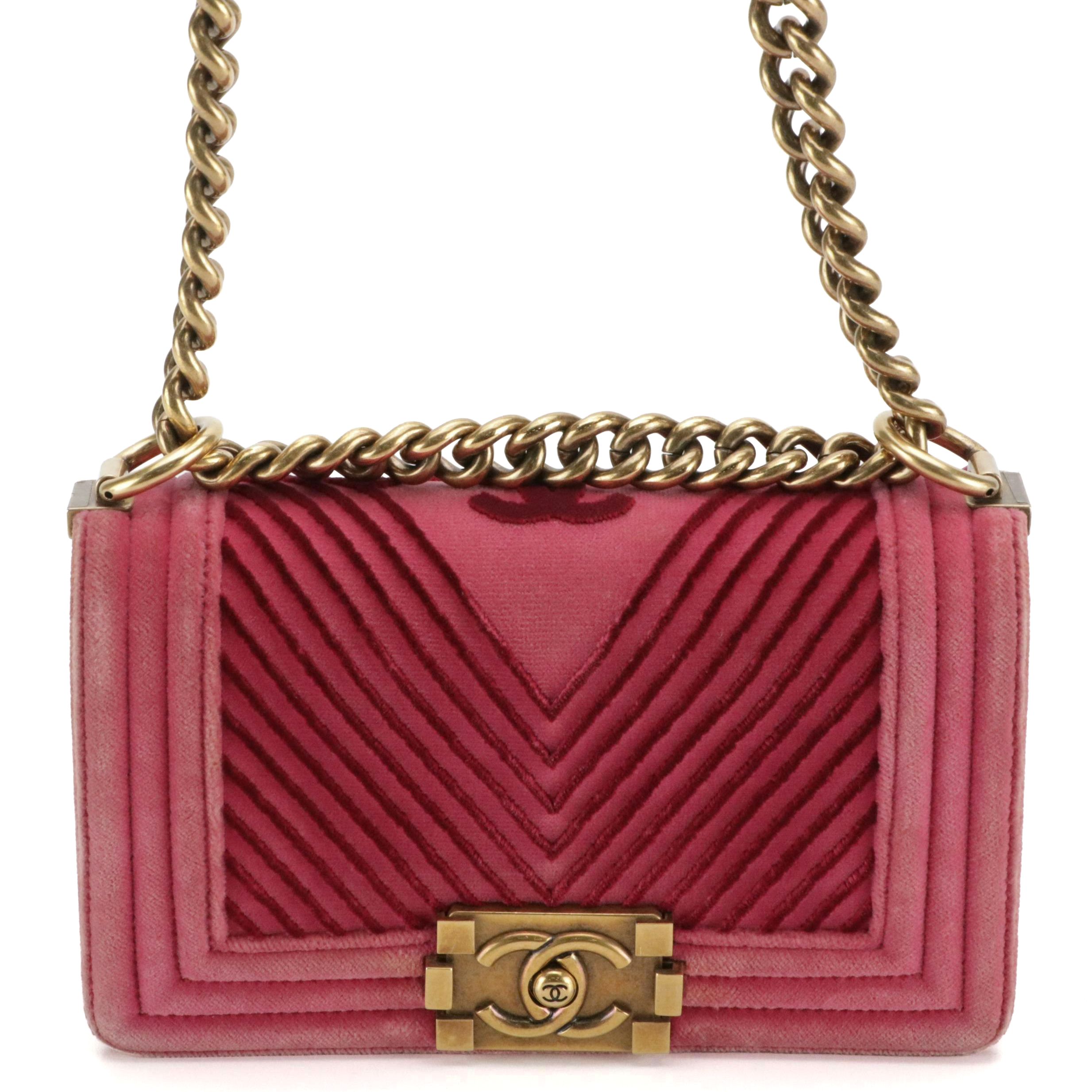 Chanel Pink Chevron Velvet and Leather Small Boy Flap Bag