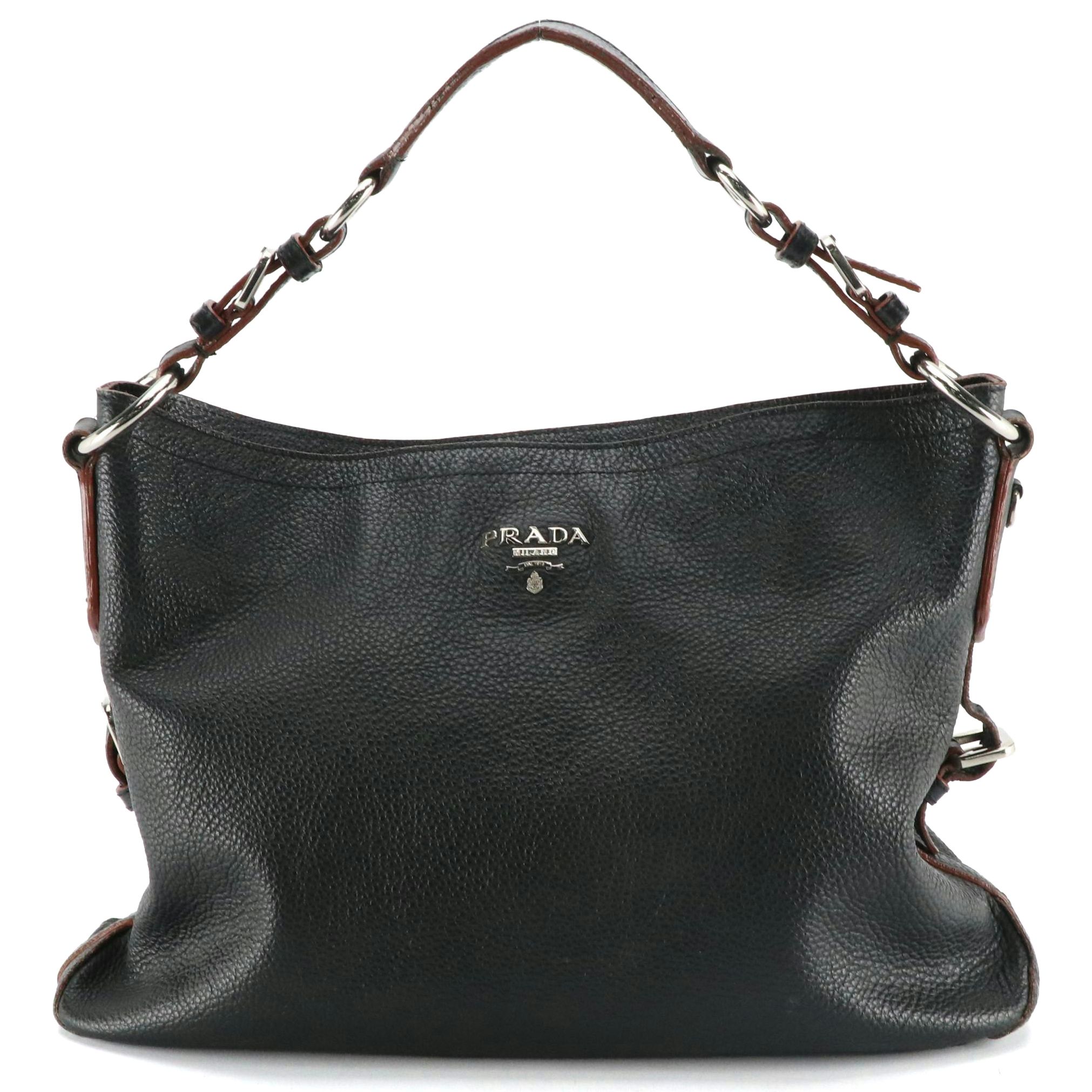 Prada Buckle Strap Shoulder Bag in Black Vitello Daino Leather