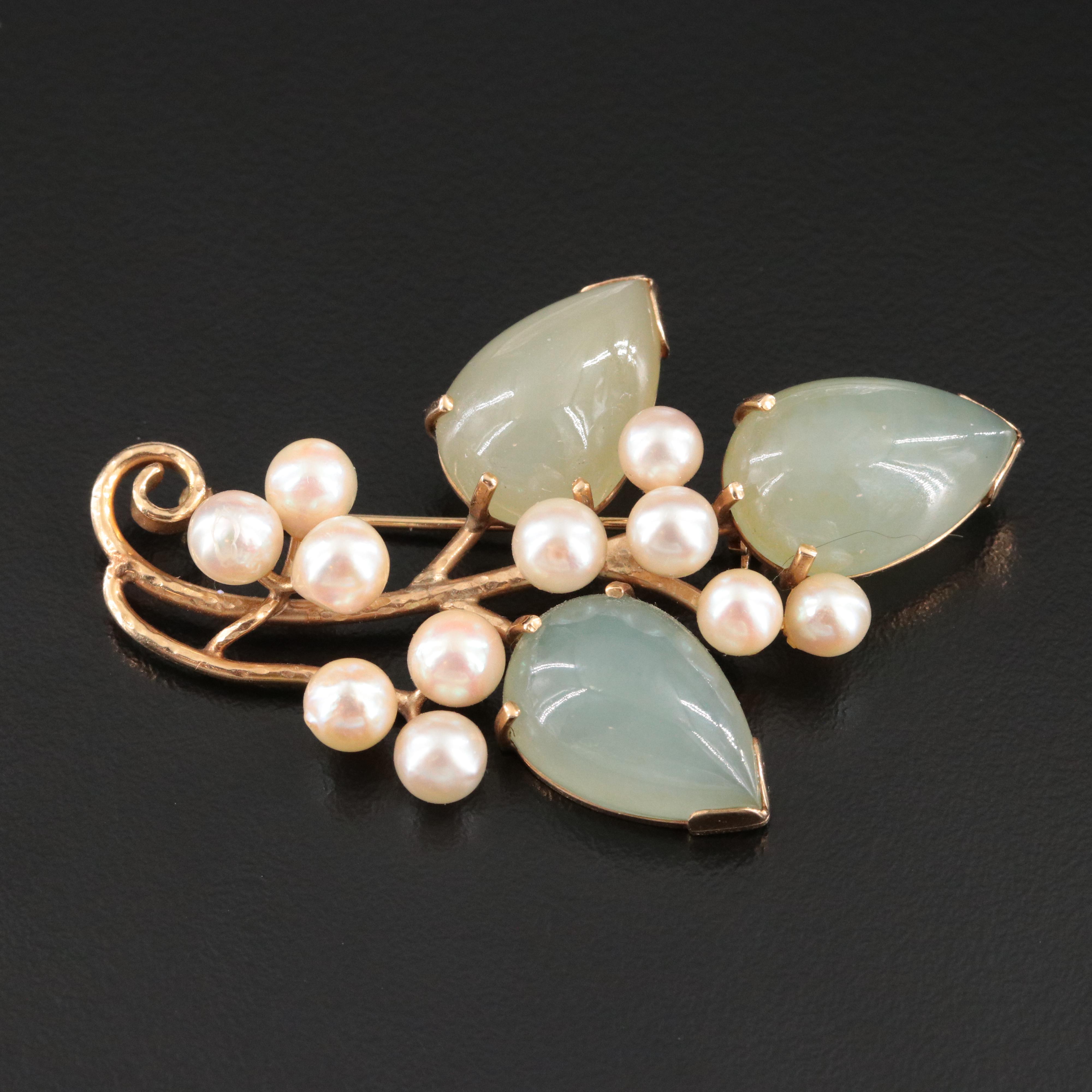Ming's 14K Jadeite and Pearl Floral Brooch