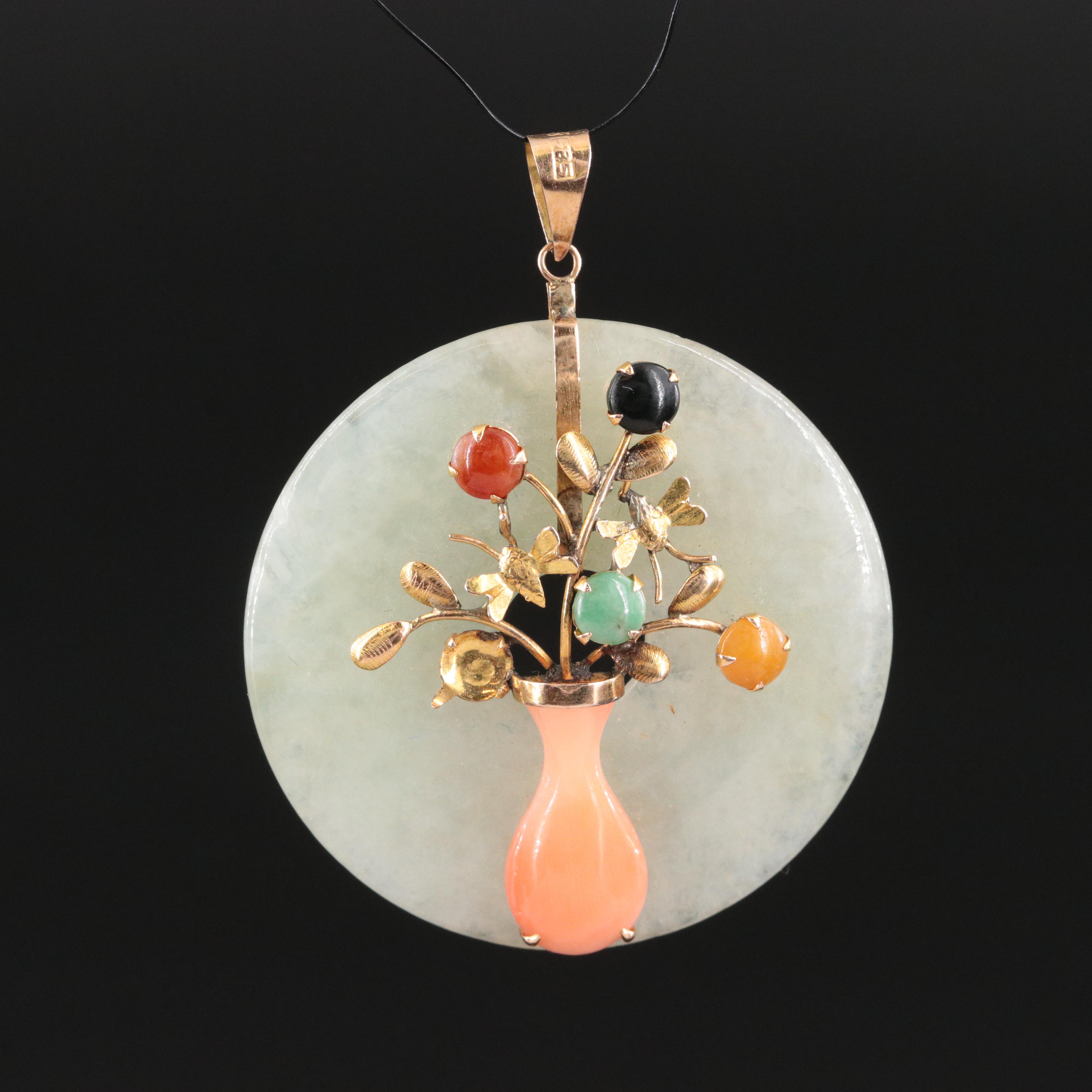 14K Jadeite, Coral, and Black Onyx Flower Vase Pendant