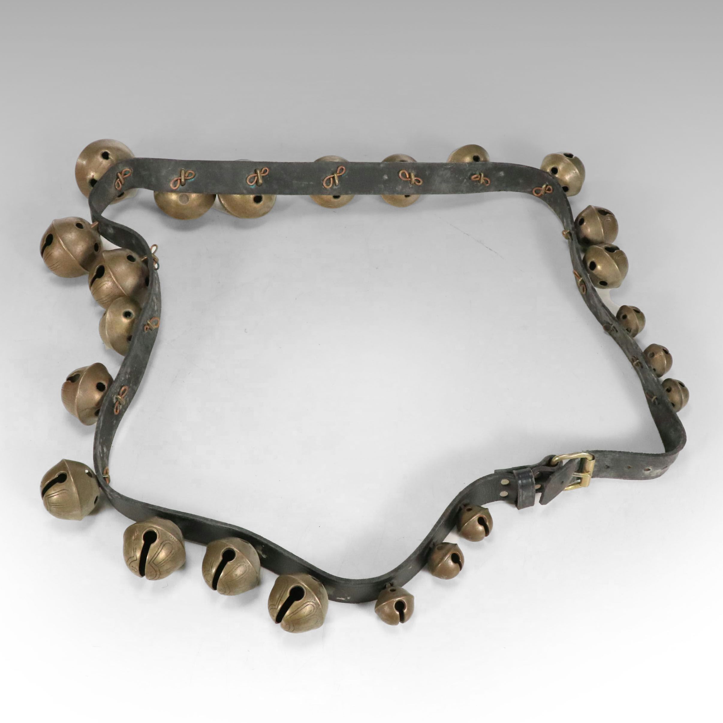 Brass Sleigh Bells on Black Leather Strap