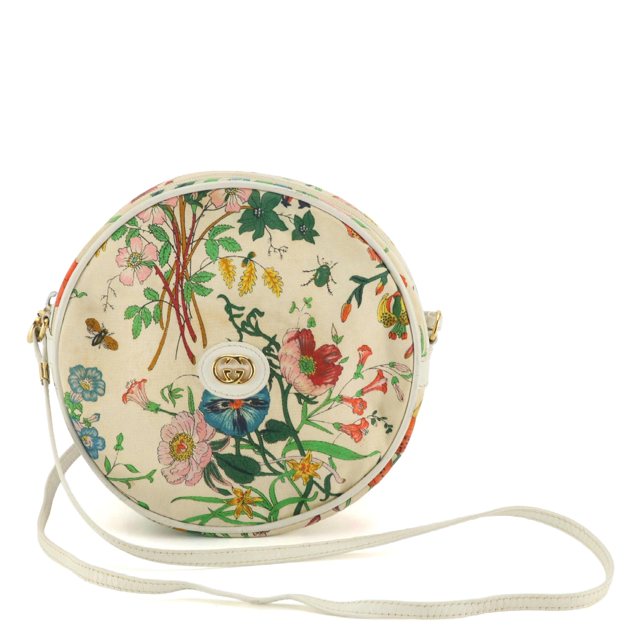 Gucci Vintage Flora Canvas Canteen Crossbody Bag with White Leather Trim