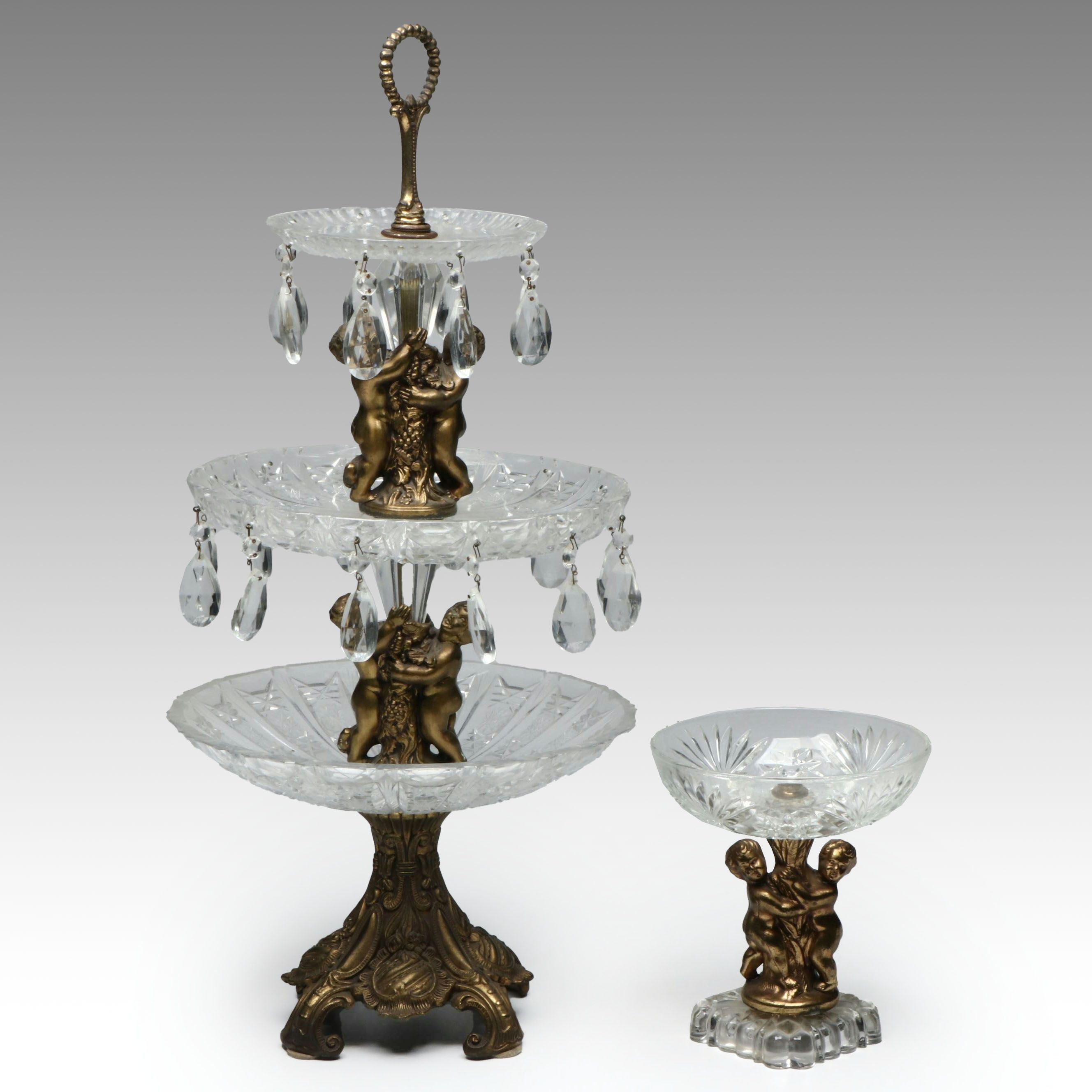 Hollywood Regency Style Cut Crystal Tiered Serving Stand with Cherub Compote