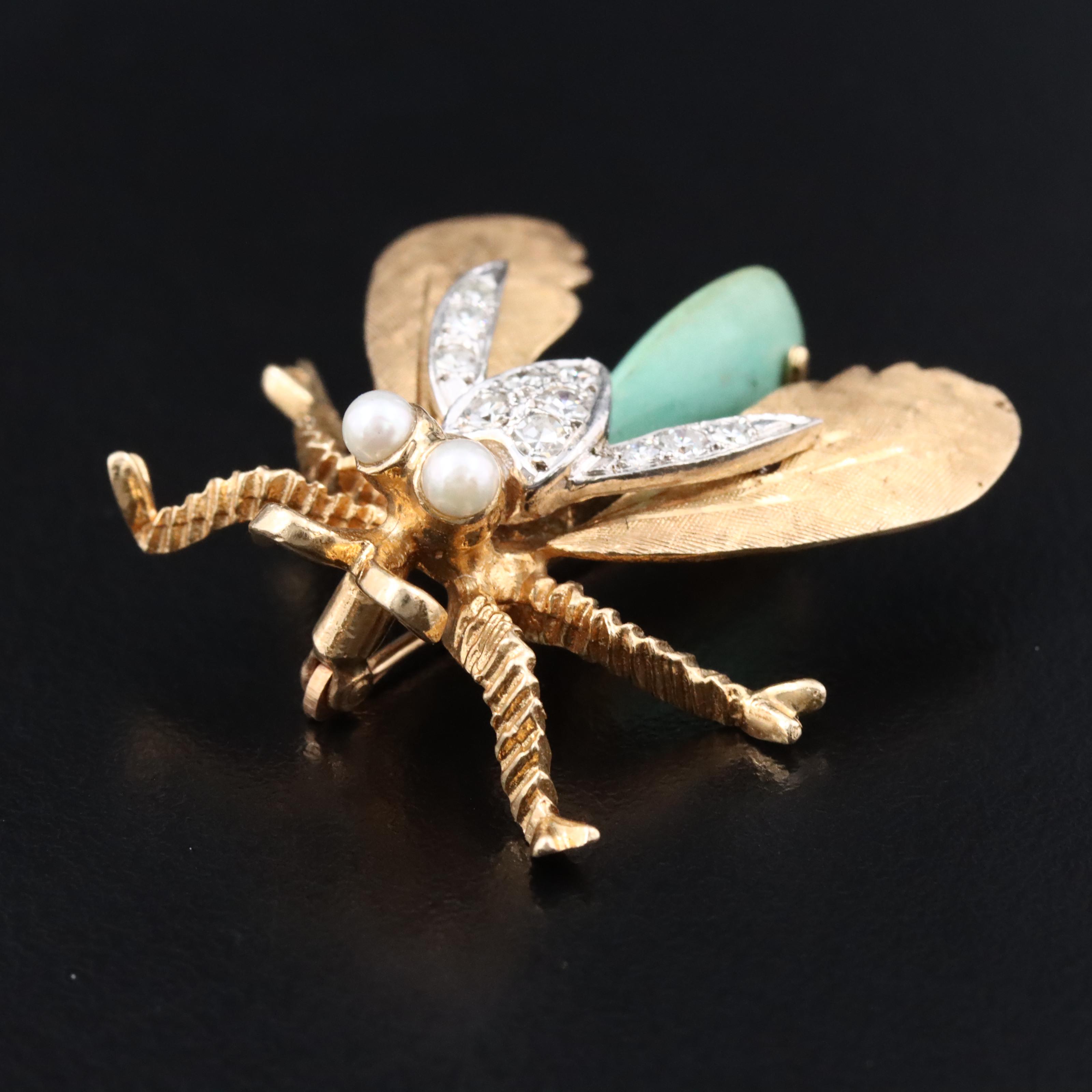 14K 0.25 CTW Diamond, Turquoise and Pearl Insect Brooch