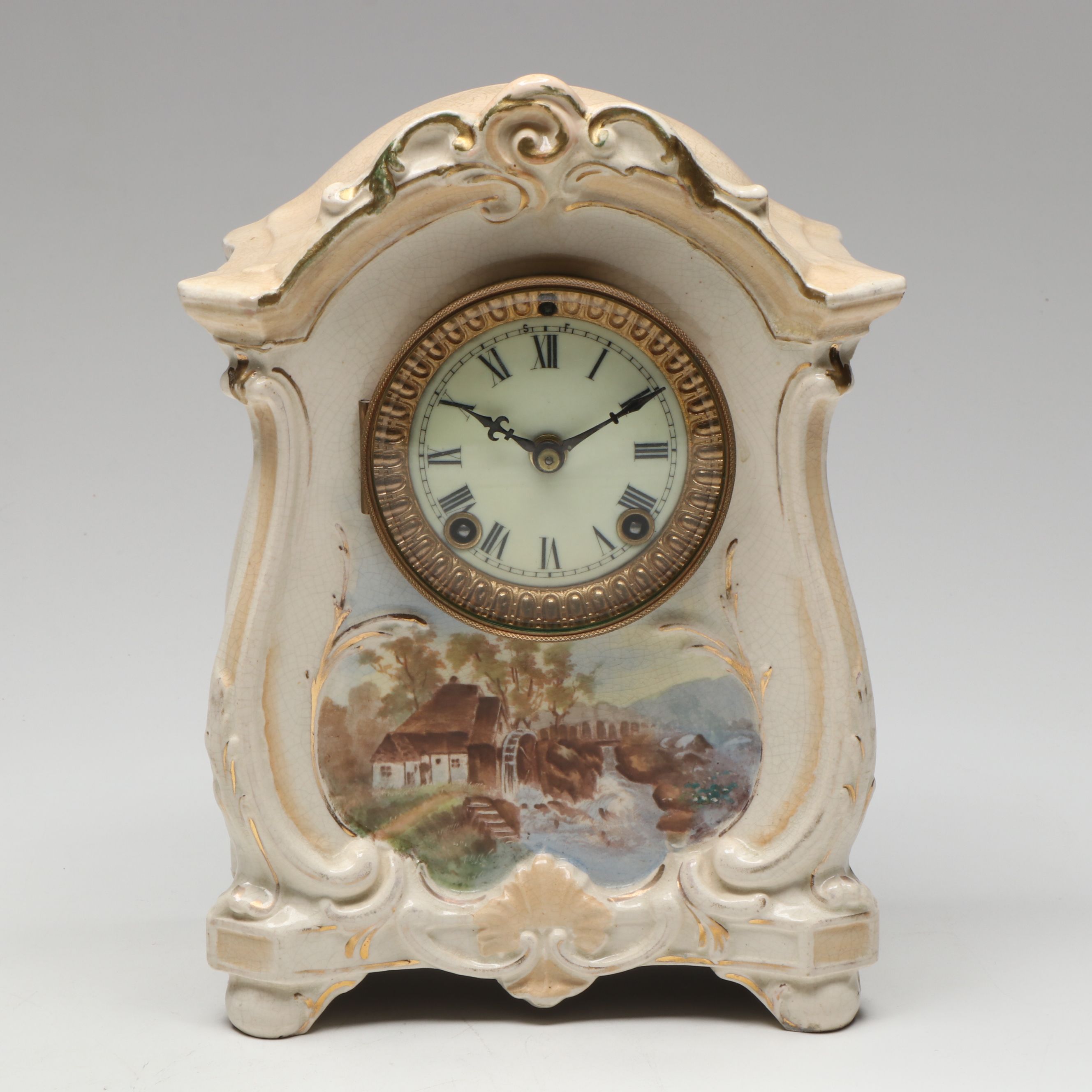 Ansonia Bonn "La Roda" Hand-Painted Porcelain Mantel Clock, Late 19th C.