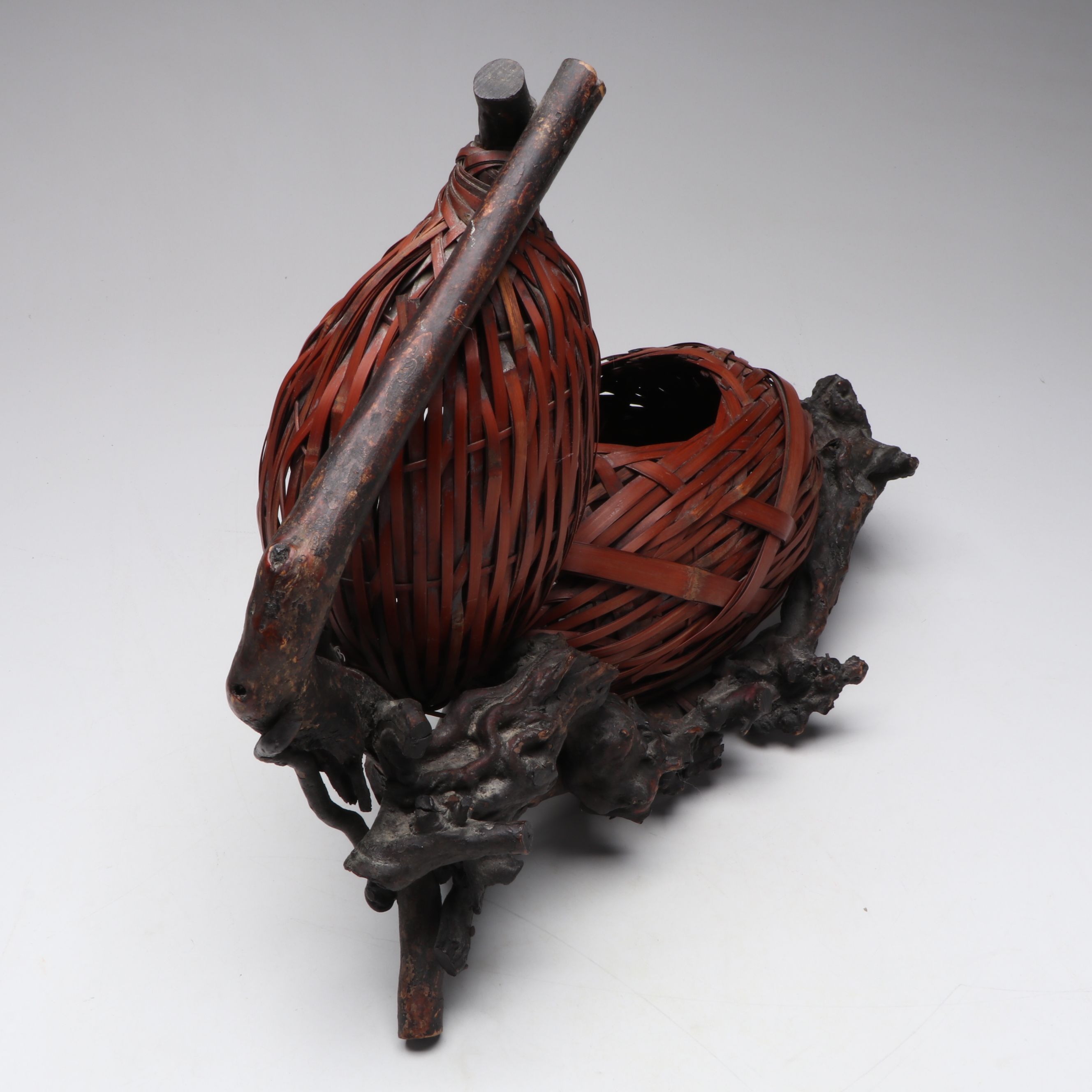 Japanese Taishō Era Double Gourd Hyotan Form Hanakago Ikebana Basket