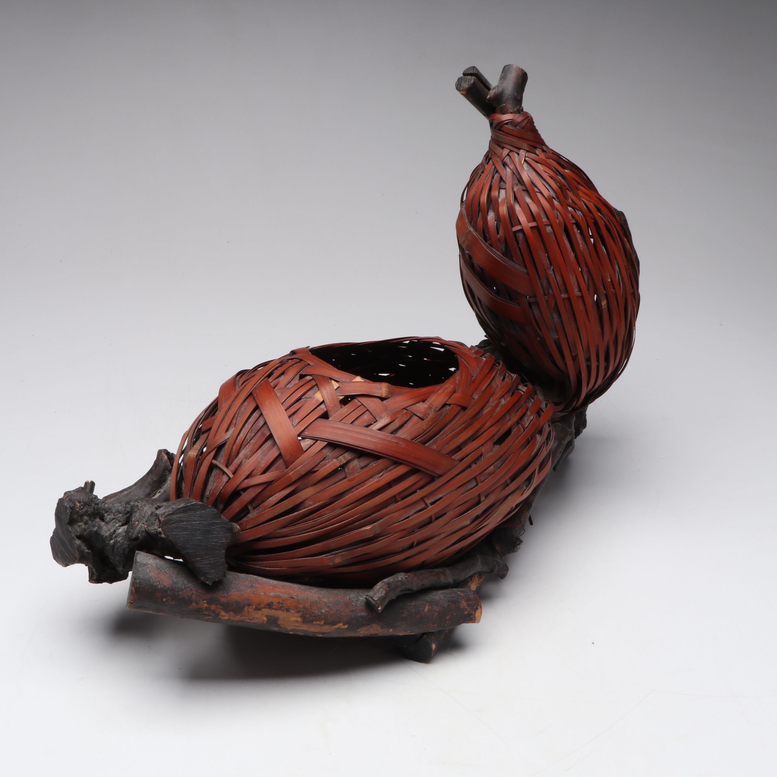 Japanese Taishō Era Double Gourd Hyotan Form Hanakago Ikebana Basket