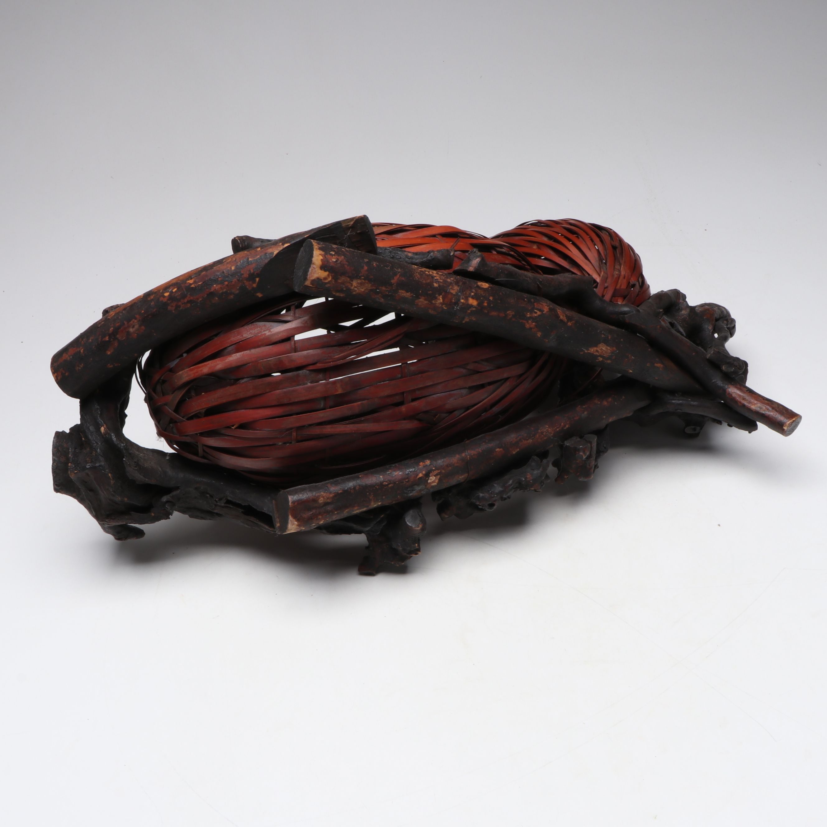 Japanese Taishō Era Double Gourd Hyotan Form Hanakago Ikebana Basket