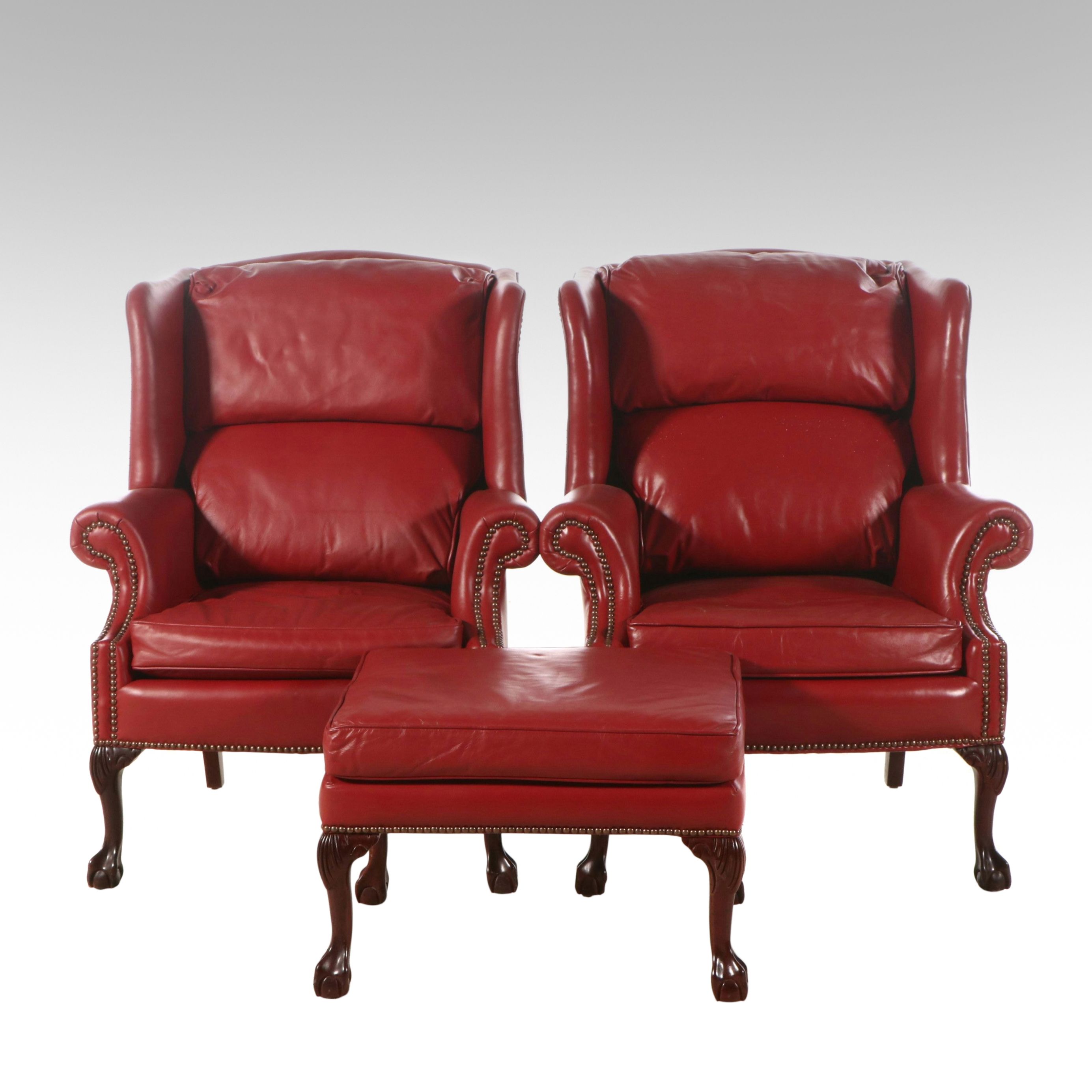 Pair of Classic Leather Chippendale Style Wingback Chairs with Ottoman