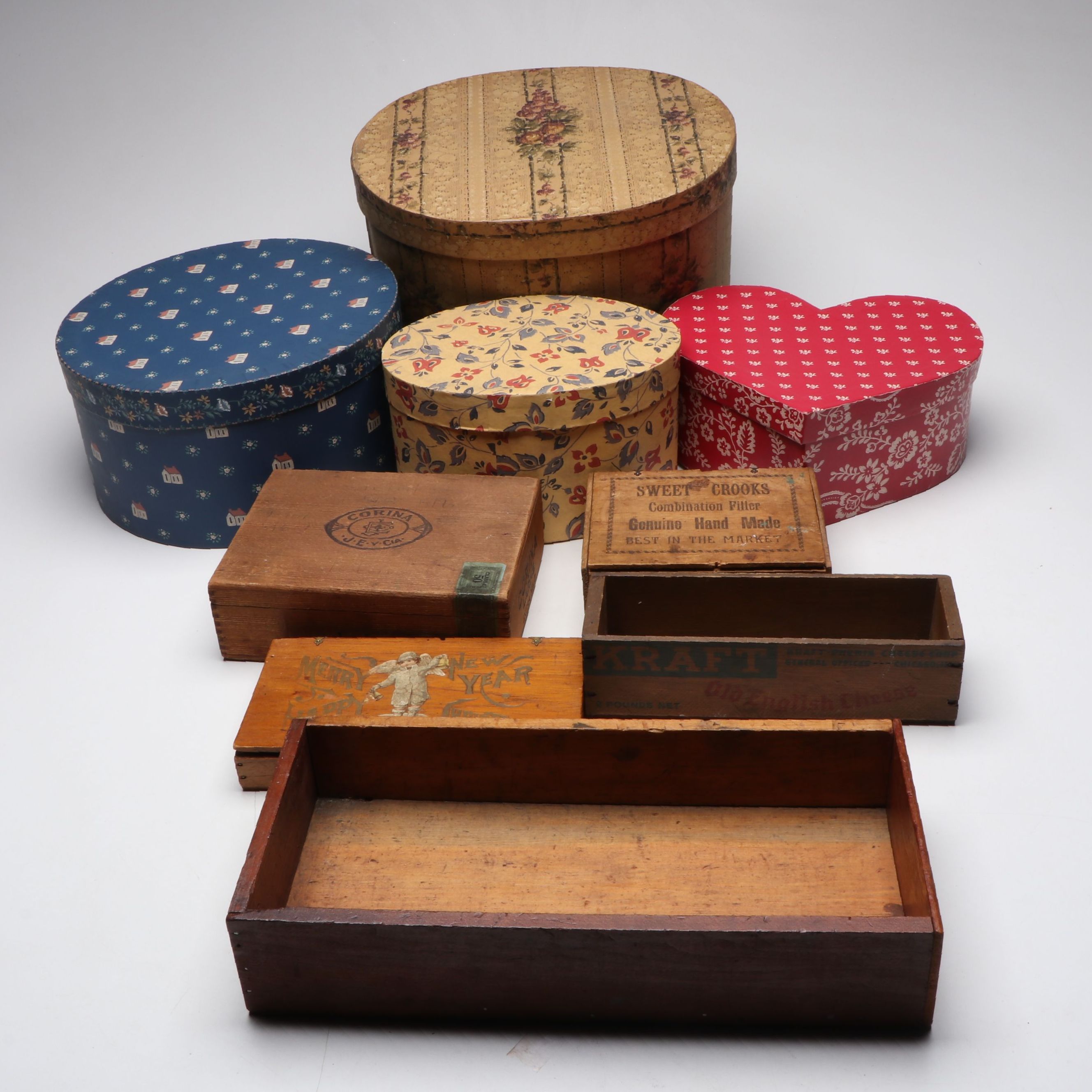 Kraft "Old English Cheese" Wood Crate with Cigar and Other Antique Style Boxes