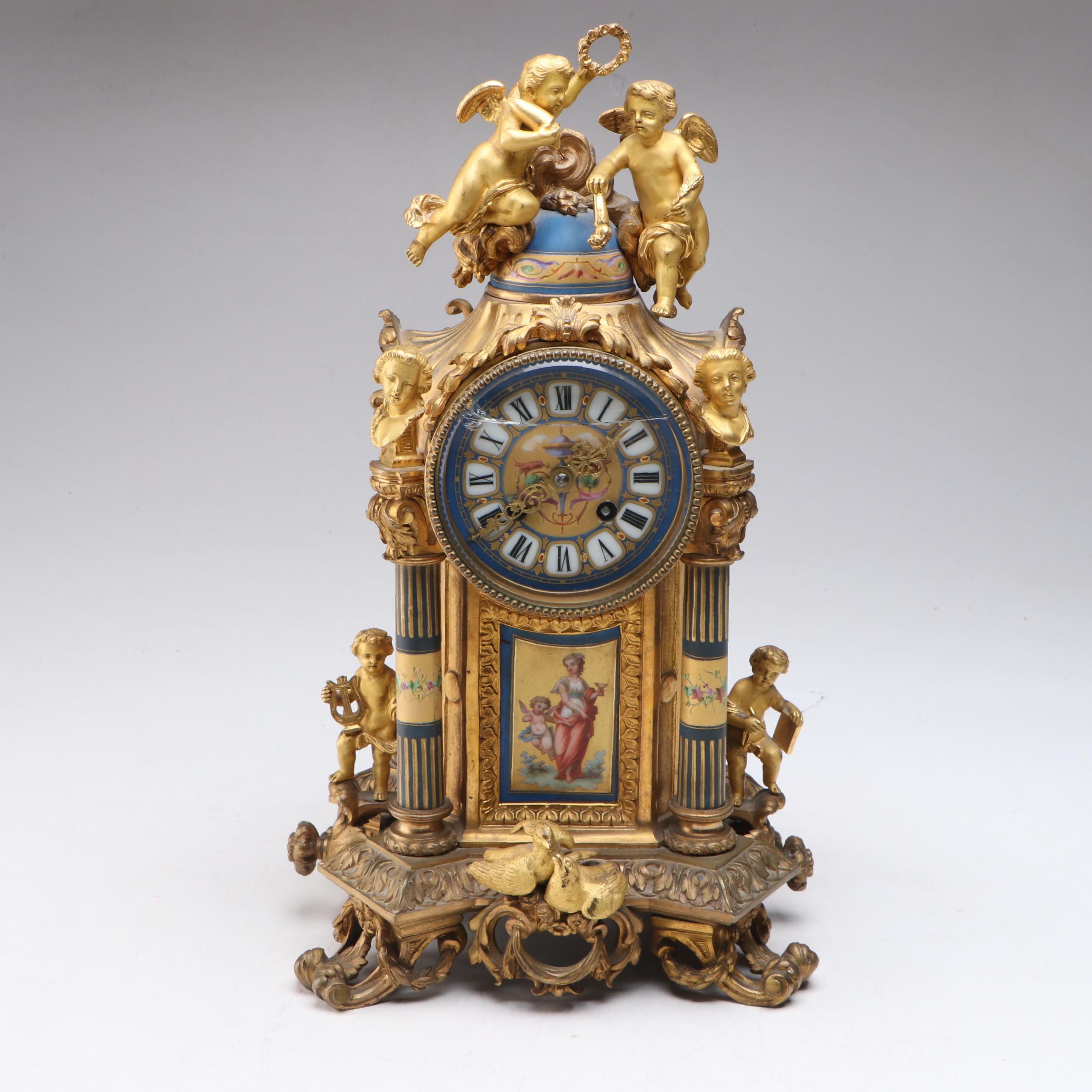 French Gilt Bronze Ormolu and Porcelain Mantle Clock, 19th Century