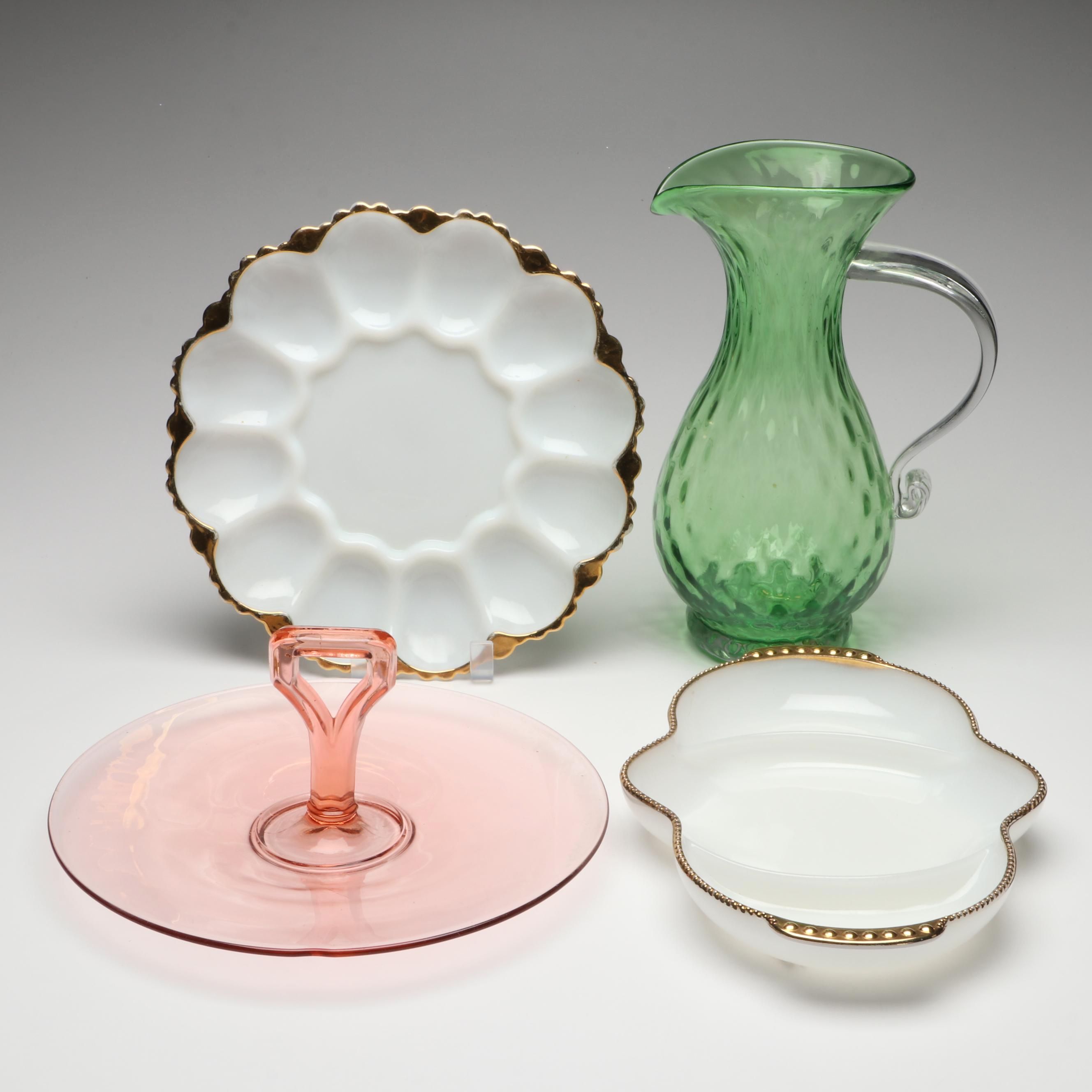 Anchor Hocking Gilt Milk Glass Serveware with Depression Glass Tray and Pitcher