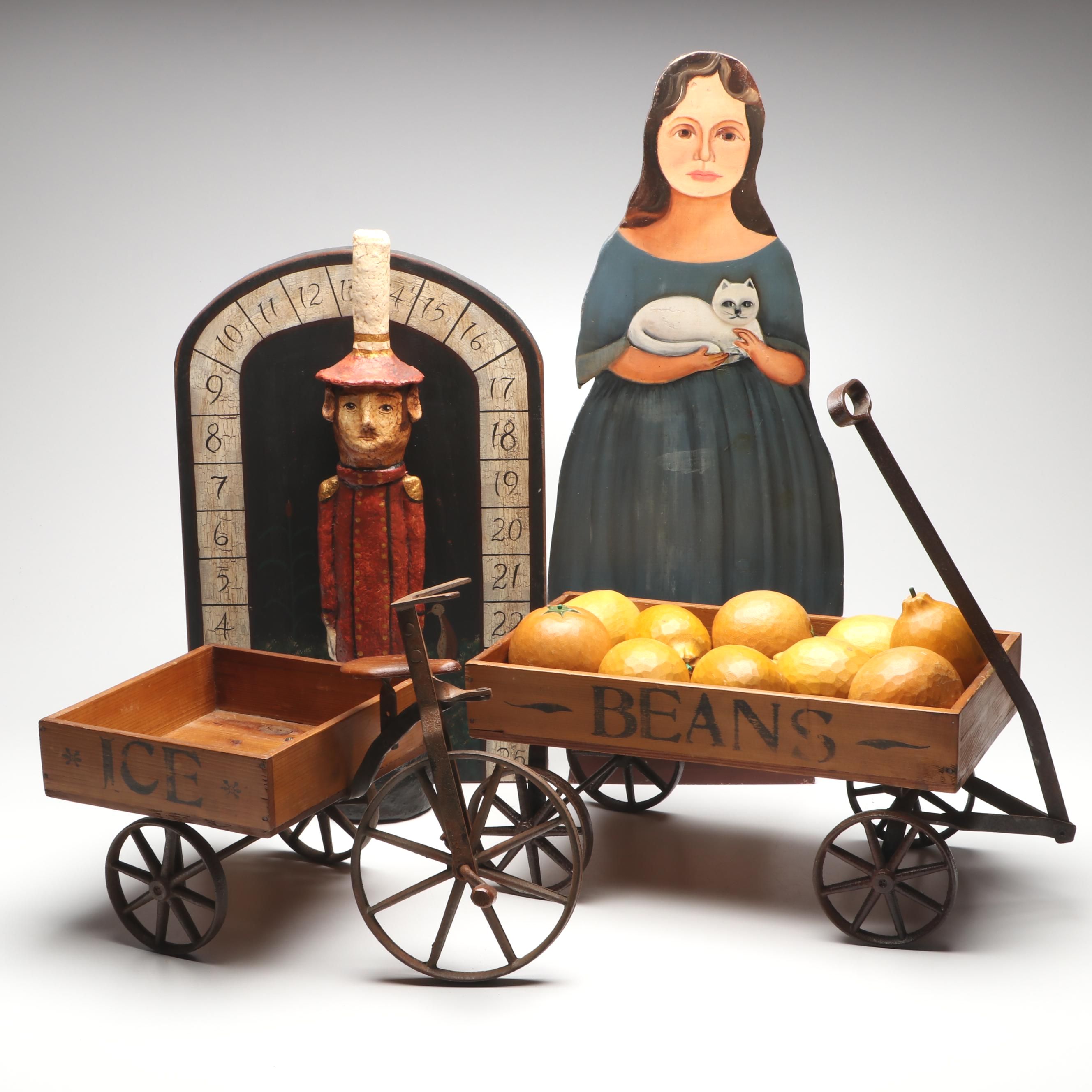 Primitive Folk Art Style Wooden Girl with Cat, Bicycle, Wagon and More