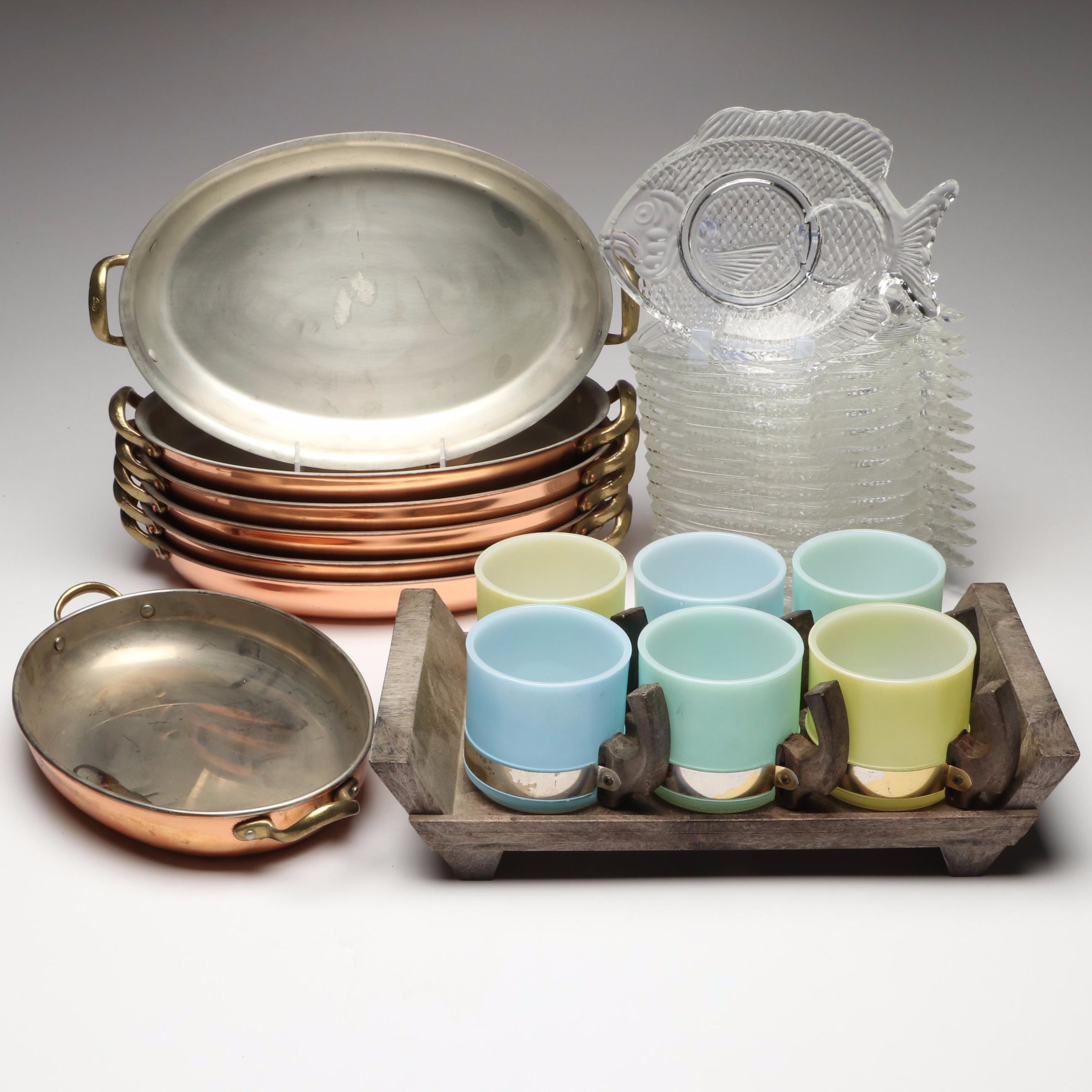 Siesta Ware Drinking Glasses with Copper Coated Serving Trays and Other Plates