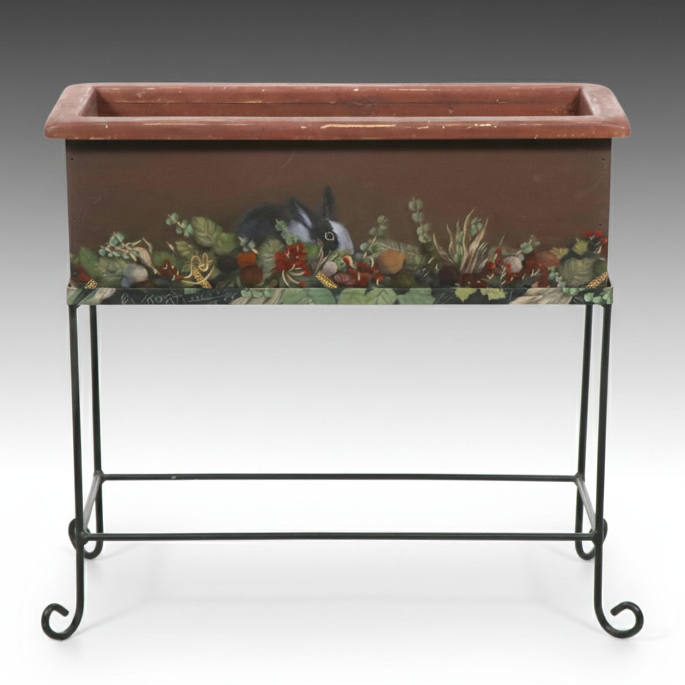 Hand-Painted Rabbit and Fox Wood Planter with Wrought Iron Stand