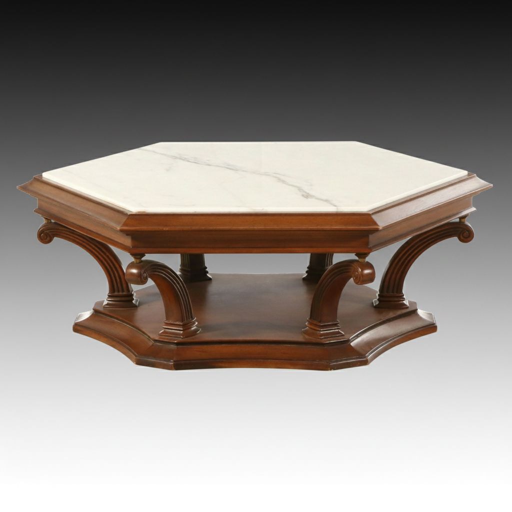 Gordon's Inc. Italian Regency Style Hexagonal Pecan Coffee Table with Marble Top